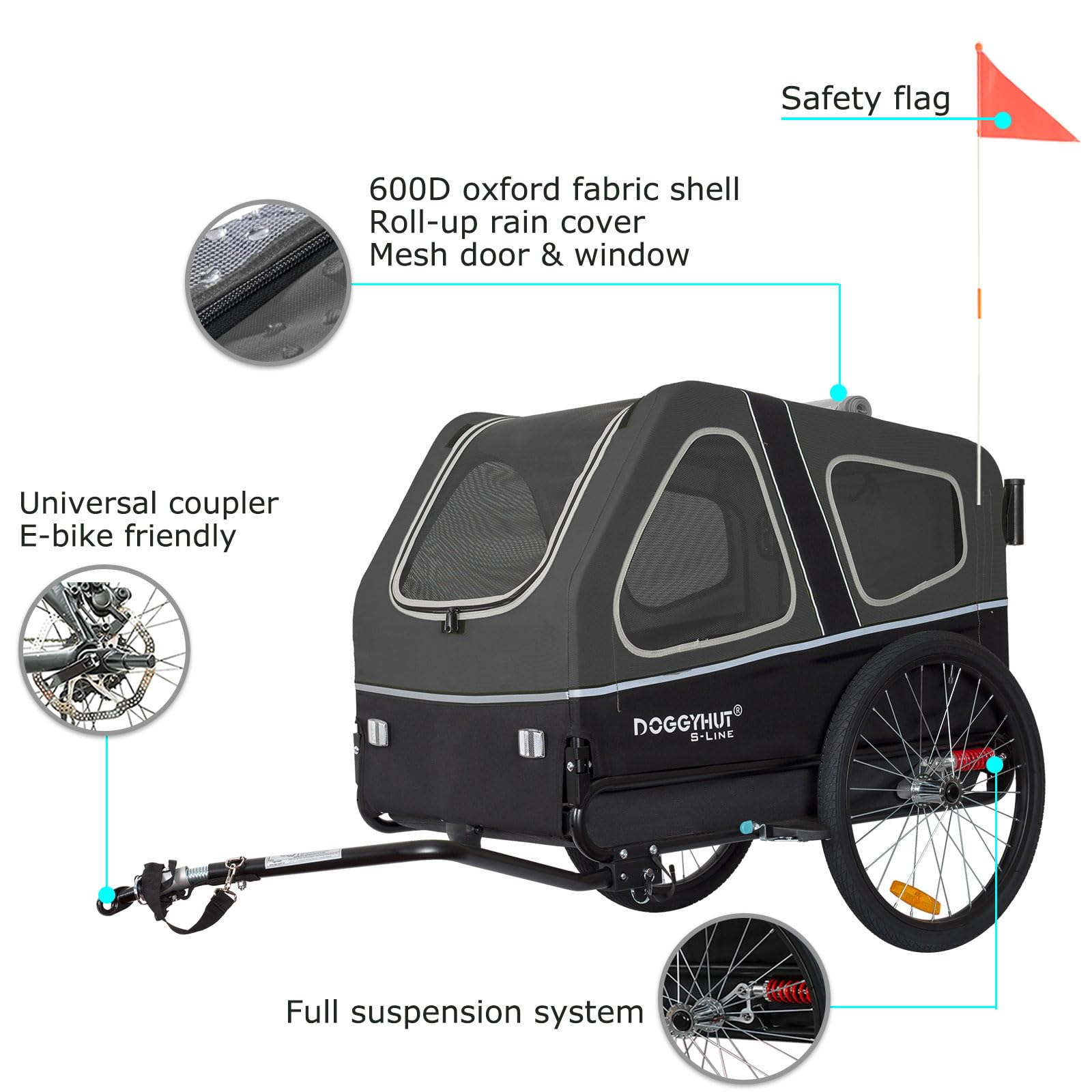 DOGGYHUT® S-Line XL Pet Bike Trailer & Stroller for Large Dogs Up to 100 lbs - Foldable Dog Carrier with Suspension Wheels, Low Center Gravity & Parking Brakes | Perfect for Cycling, Jogging & Outdoor Adventures with Your Dog