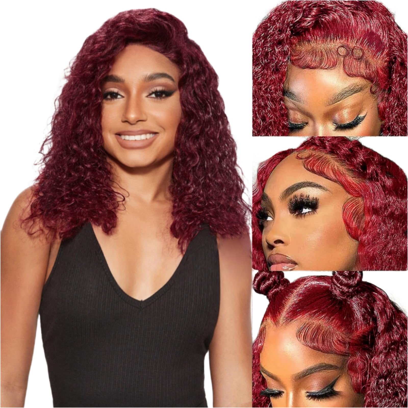 99J Burgundy Lace Front Bob Wigs - 100% Human Hair Deep Wave 13x4 Lace Frontal Wig for Black Women - Red Curly Bob Wig with Pre-Plucked Natural Hairline & Baby Hair - 150% Density 14 Inch - Perfect for Daily Wear, Parties & Special Occasions