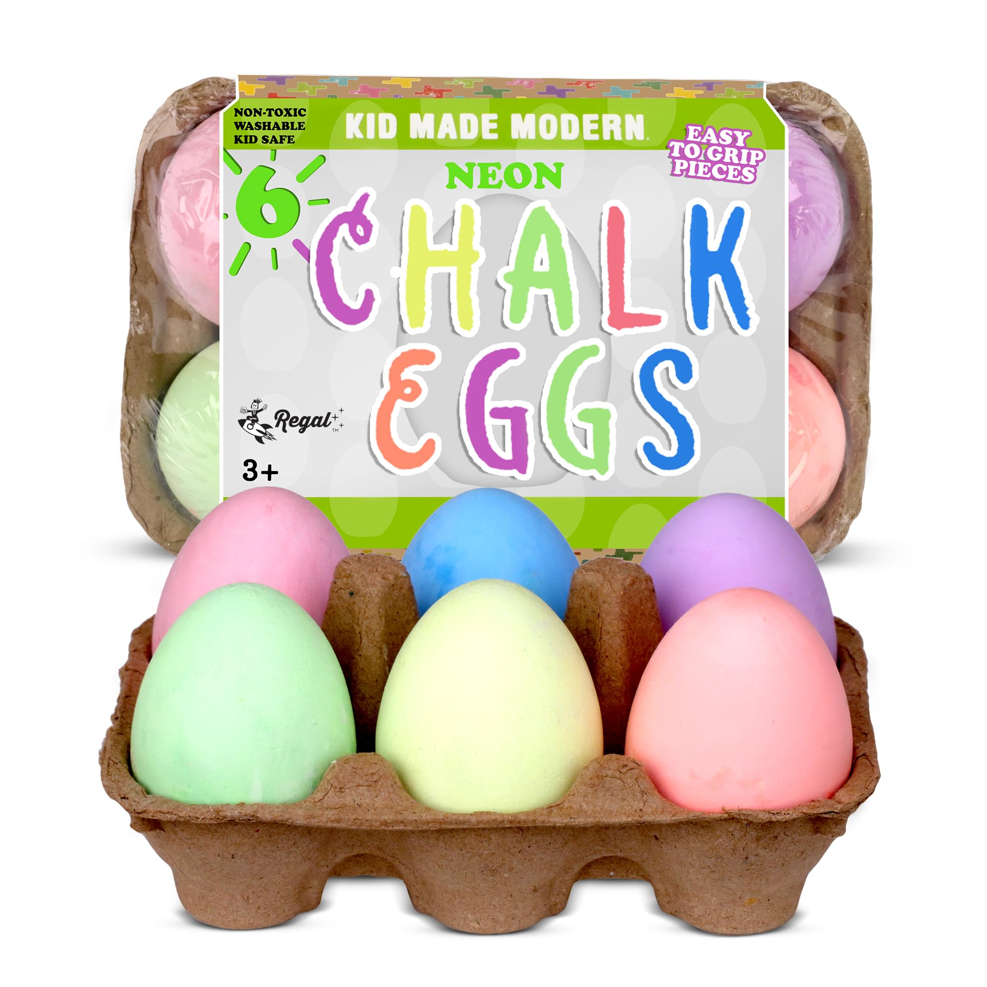 Kid Made Modern Washable Neon Sidewalk Chalk Set - 6 Piece Non-Toxic Egg Shaped Chalk for Outdoor Play, Chalkboard Art & Creative Drawing - Perfect for Kids Ages 3+ (Multicolor) - Great for Driveway Art, Birthday Parties & Summer Outdoor Activities