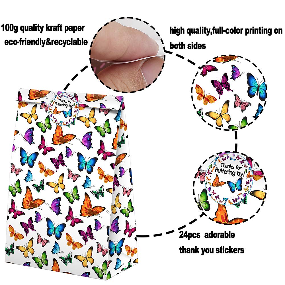 24PCS Butterfly Party Favor Bags with Stickers - Butterfly Themed Goodie Bags for Birthday Parties, Baby Showers & Wedding Favors - Candy Treat Bags for Kids Gift Giving