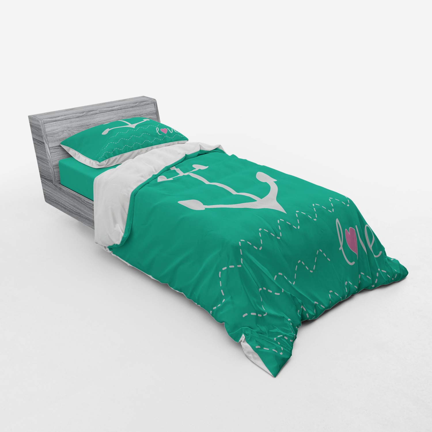 Ambesonne Anchor Duvet Cover Set - Sailor Love & Loyalty Design with Heart Anchors & Wavy Lines, 3-Piece Bedding Set Includes Sham & Fitted Sheet, Twin Size in Green Pink White - Perfect for Nautical Themed Bedrooms & Romantic Gift Ideas