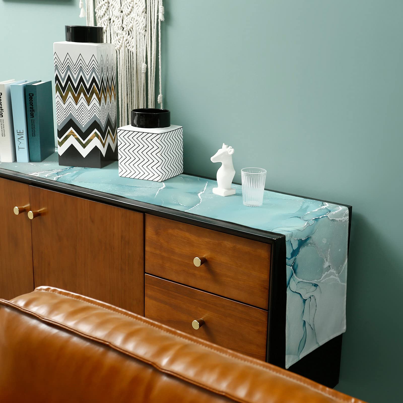36 Inch Marble Turquoise Aqua Cotton Linen Table Runner - Modern Teal Kitchen & Dining Table Decor for Coffee Tables, Weddings & Parties | Elegant Burlap Blue Dresser Runner for Home Decor