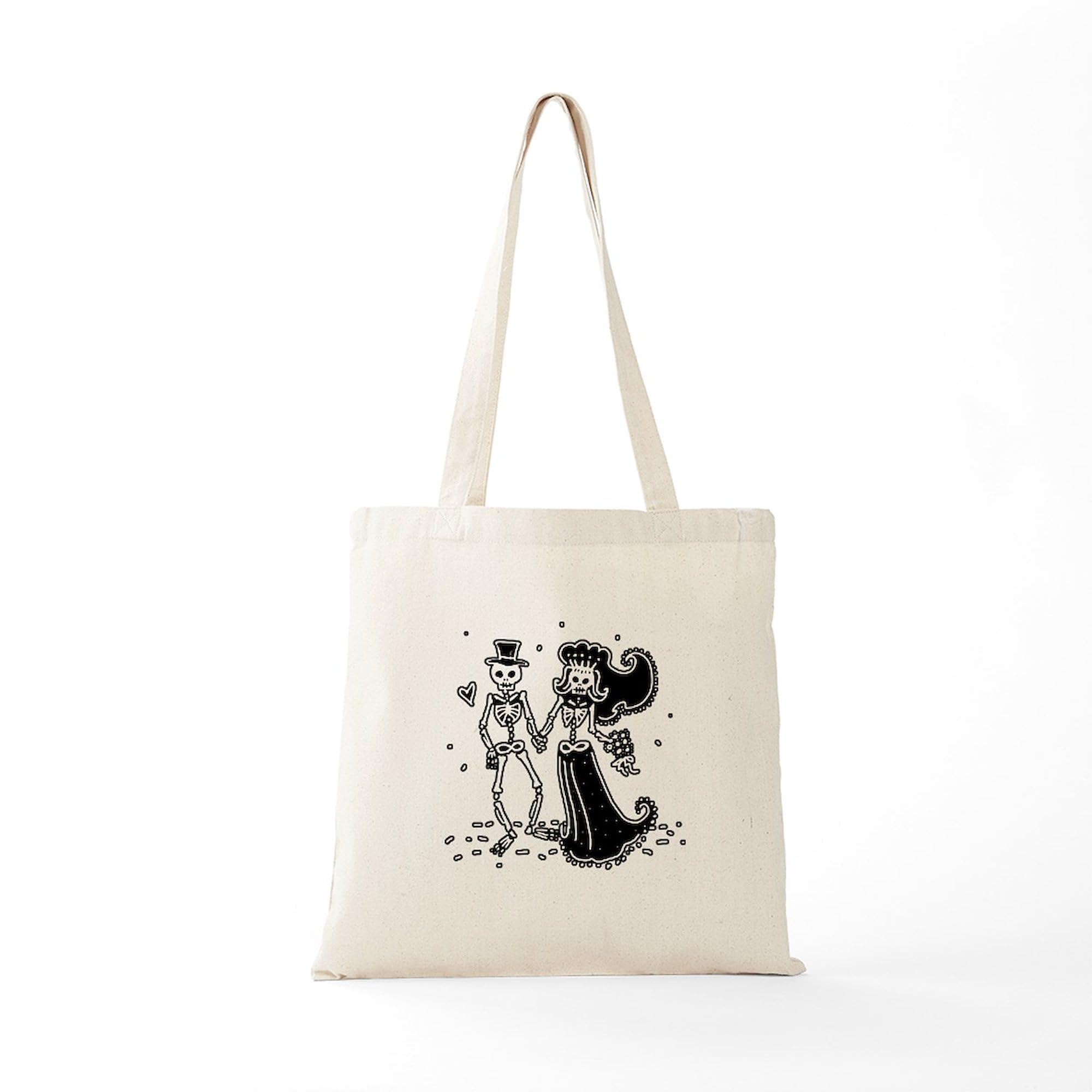 Skeleton Bride and Groom Tote Bag - Natural Canvas Reusable Shopping Bag for Groceries, Beach, and Halloween Parties | Funny Couple Gift Idea