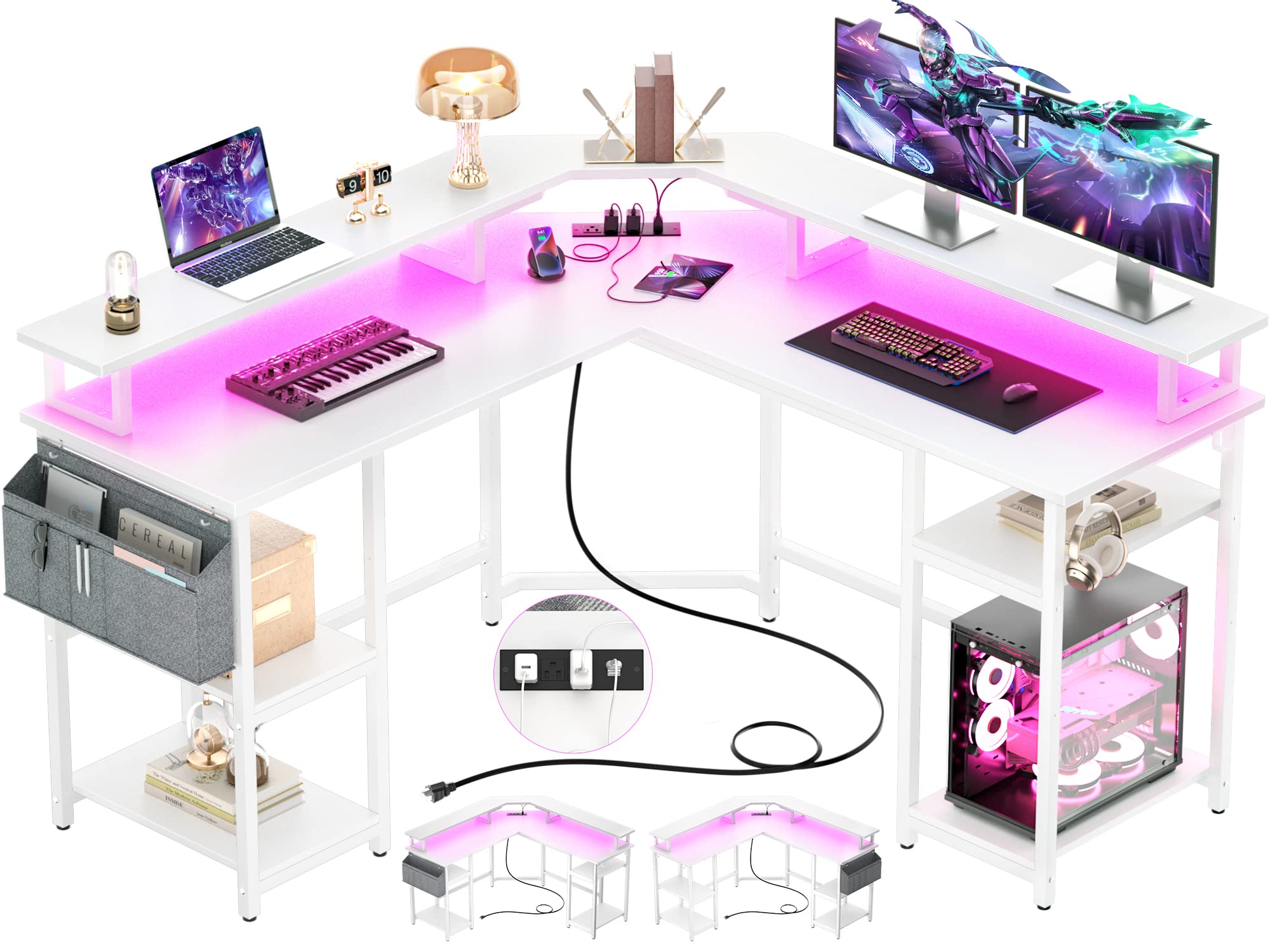 Aheaplus L-Shaped Gaming Desk with Power Outlets & LED Lights - Corner Computer Desk with Monitor Stand, Storage Shelf & Organizer Bag - Ergonomic Home Office & Gaming Setup (White) - Perfect for Small Spaces, Streaming & Multi-Monitor Workstations