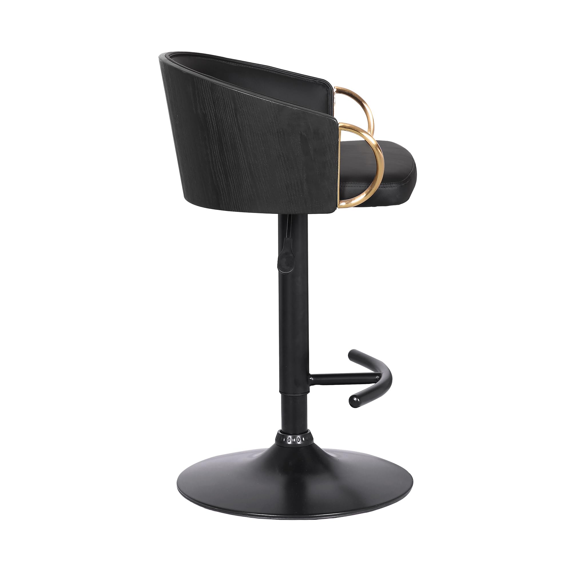 Armen Living Solstice Adjustable Black Faux Leather Swivel Bar Stool with Black Powder Coated Metal Base & Gold Accents - Perfect for Kitchen Islands, Home Bars & Modern Dining Areas