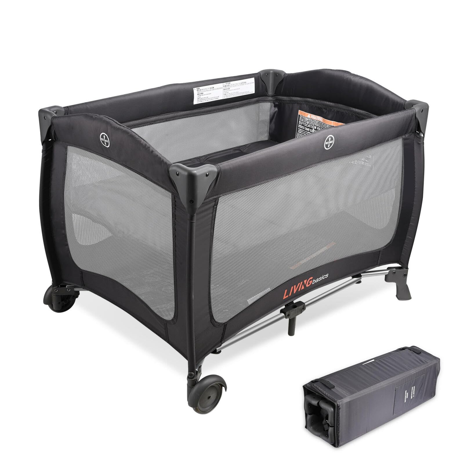 LIVINGbasics 2-in-1 Baby Playard & Foldable Bassinet with Wheels - Portable Crib for Newborns, Infants - Perfect for Nursery, Travel, Camping & Outdoor Use