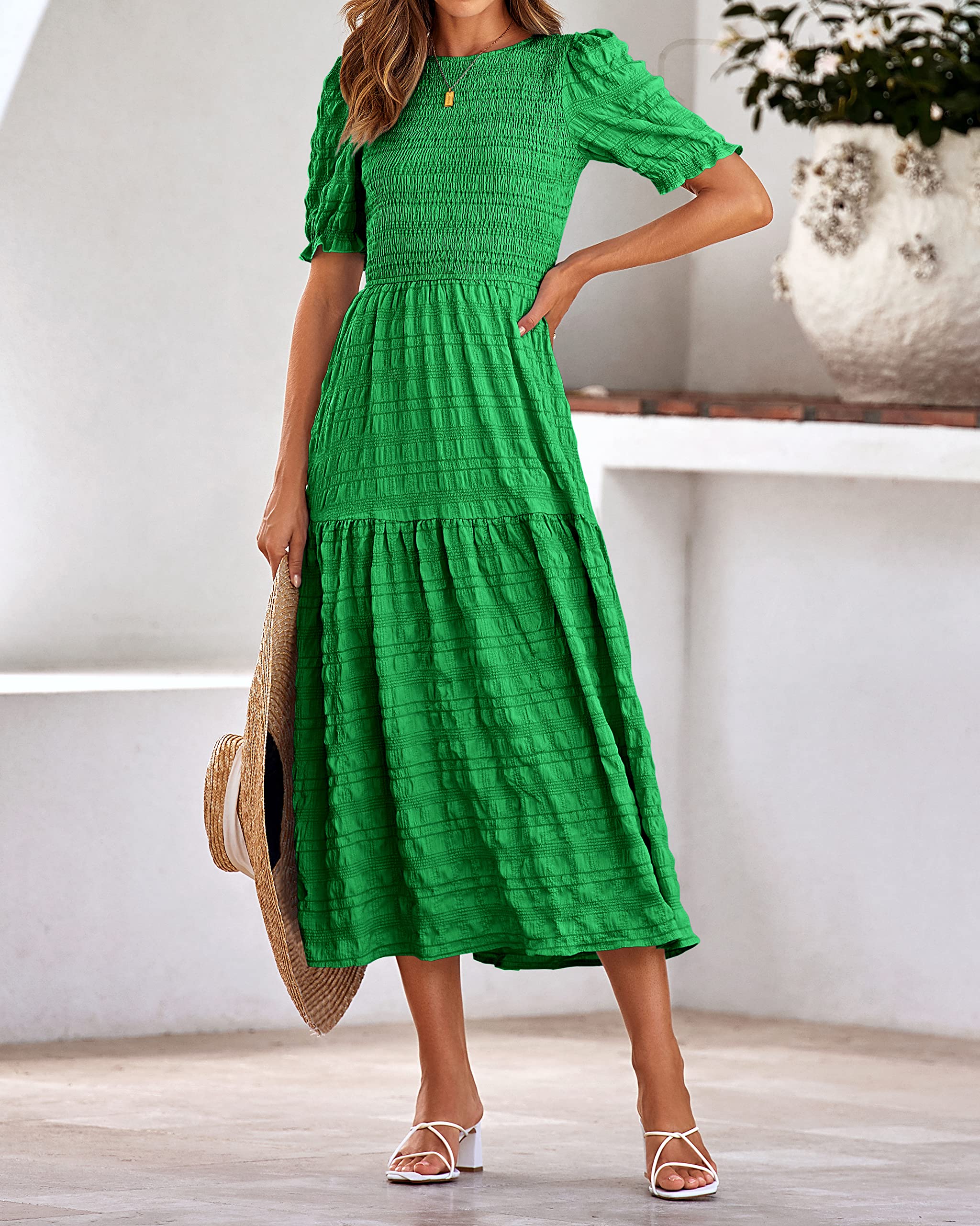 Dowerme Women's Summer Dresses 2025 - Casual Puff Short Sleeve Crewneck Smocked Flowy Ruffle Boho Maxi Sundress for Beach, Party & Vacation | Lightweight Comfortable Dress for Women