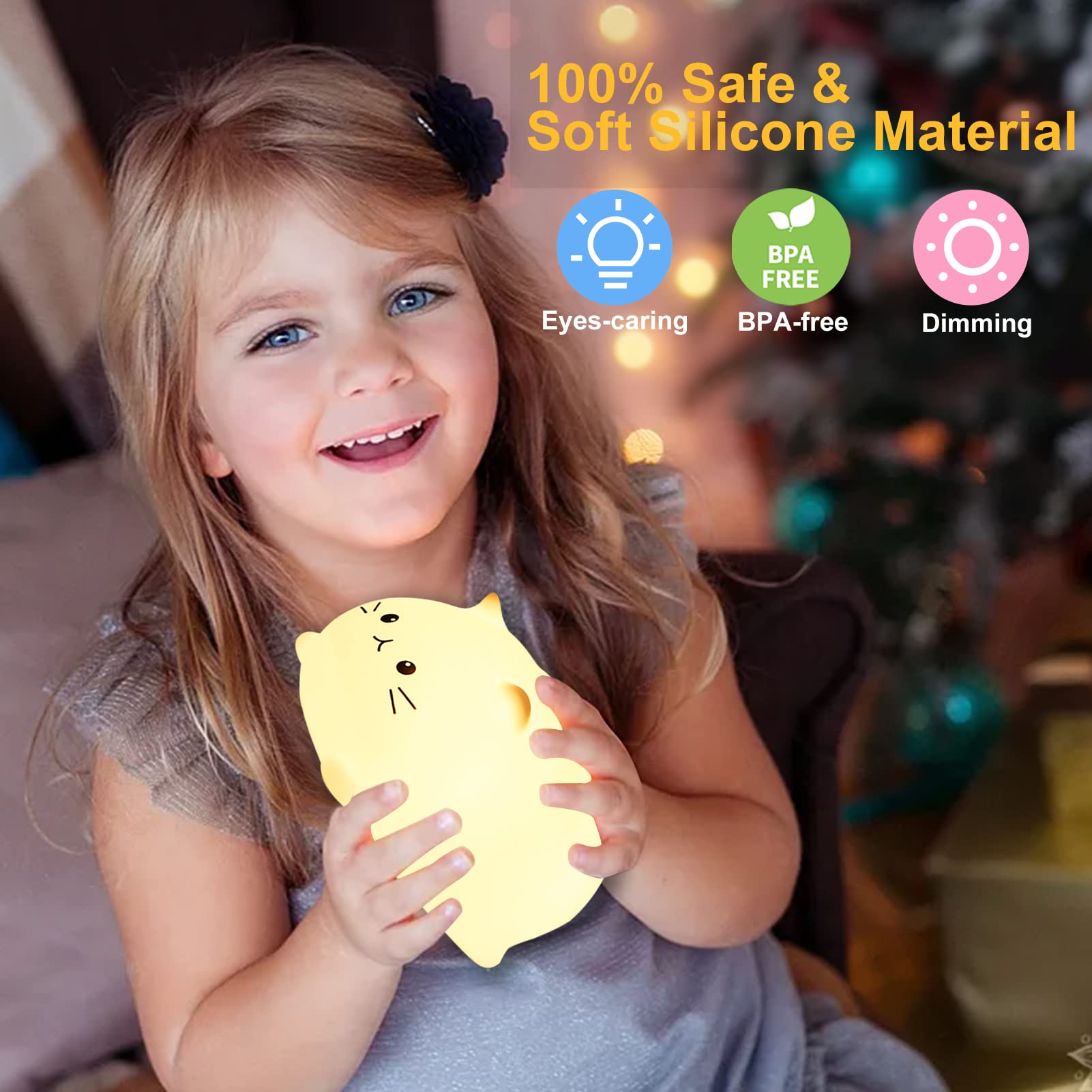 LOVERUIS Cute Cat Night Light for Kids - Soft Silicone Nursery Lamp with Timer, Perfect for Bedroom Decor & Baby Gifts - Ideal for Toddlers, Boys, Girls & Teenagers (Kitty Design) - Great for Nighttime Feeding, Soothing & Safe Sleep Aid