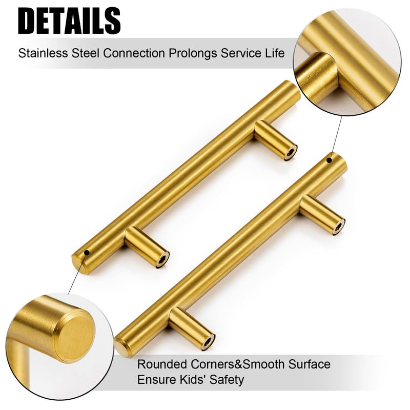 25 Pack 6 Inch Stainless Steel Cabinet Pulls - Brushed Brass Drawer Handles for Kitchen, Dresser & Cupboard - 3.5