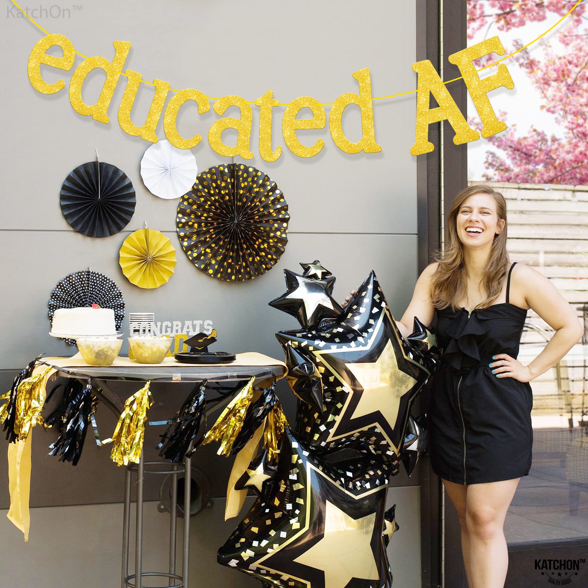 KatchOn Educated AF Gold Glitter Graduation Banner - 10 Feet, No DIY Required | 2025 Graduation Party Decorations, Class of 2025 | Perfect for High School & College Graduation Ceremonies, Photo Backdrops & Celebration Decor