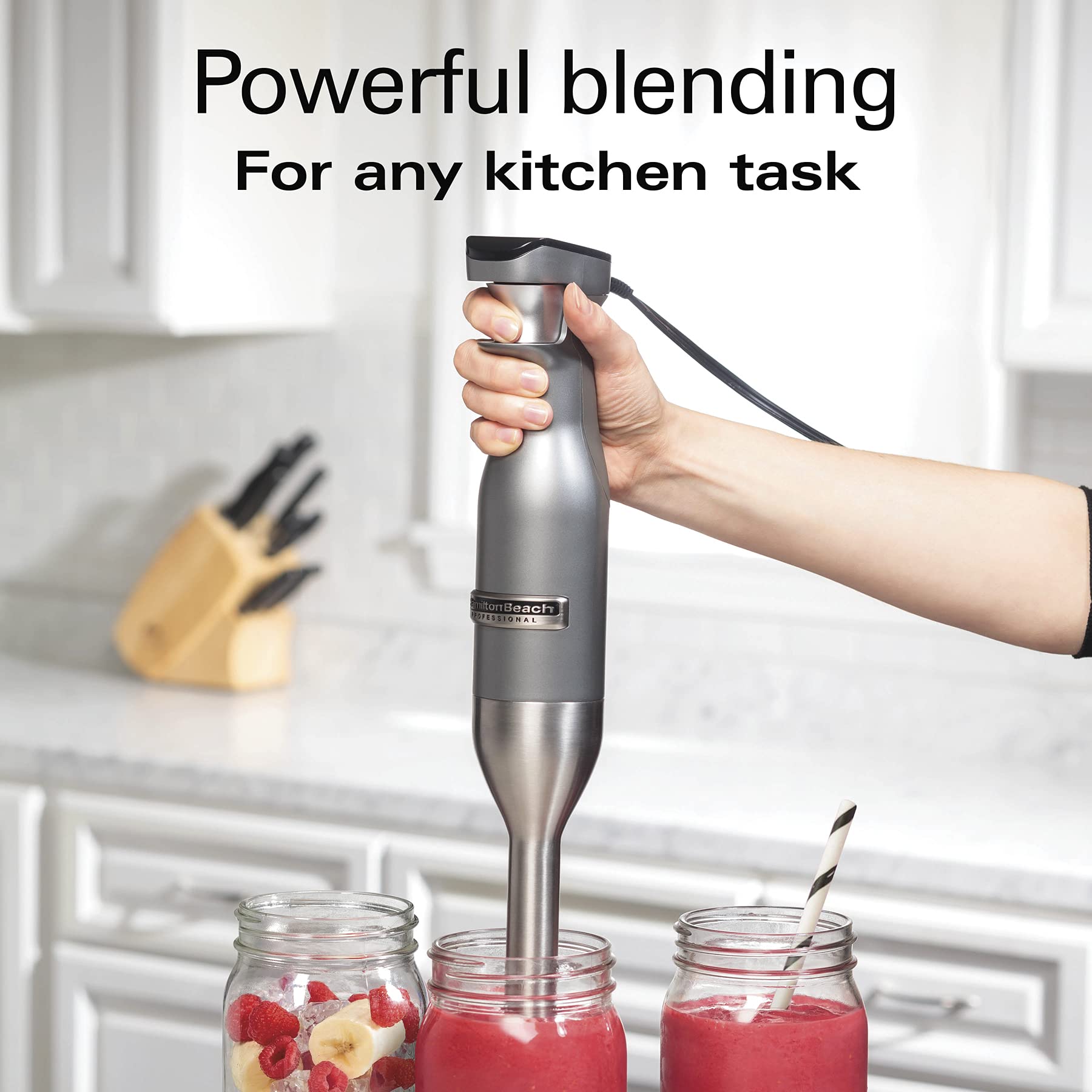 Hamilton Beach Professional 300W Variable Speed Immersion Hand Blender with Whisk Attachment - Stainless Steel Shaft, LED Display - Perfect for Smoothies, Soups & Baking (Model 59750)