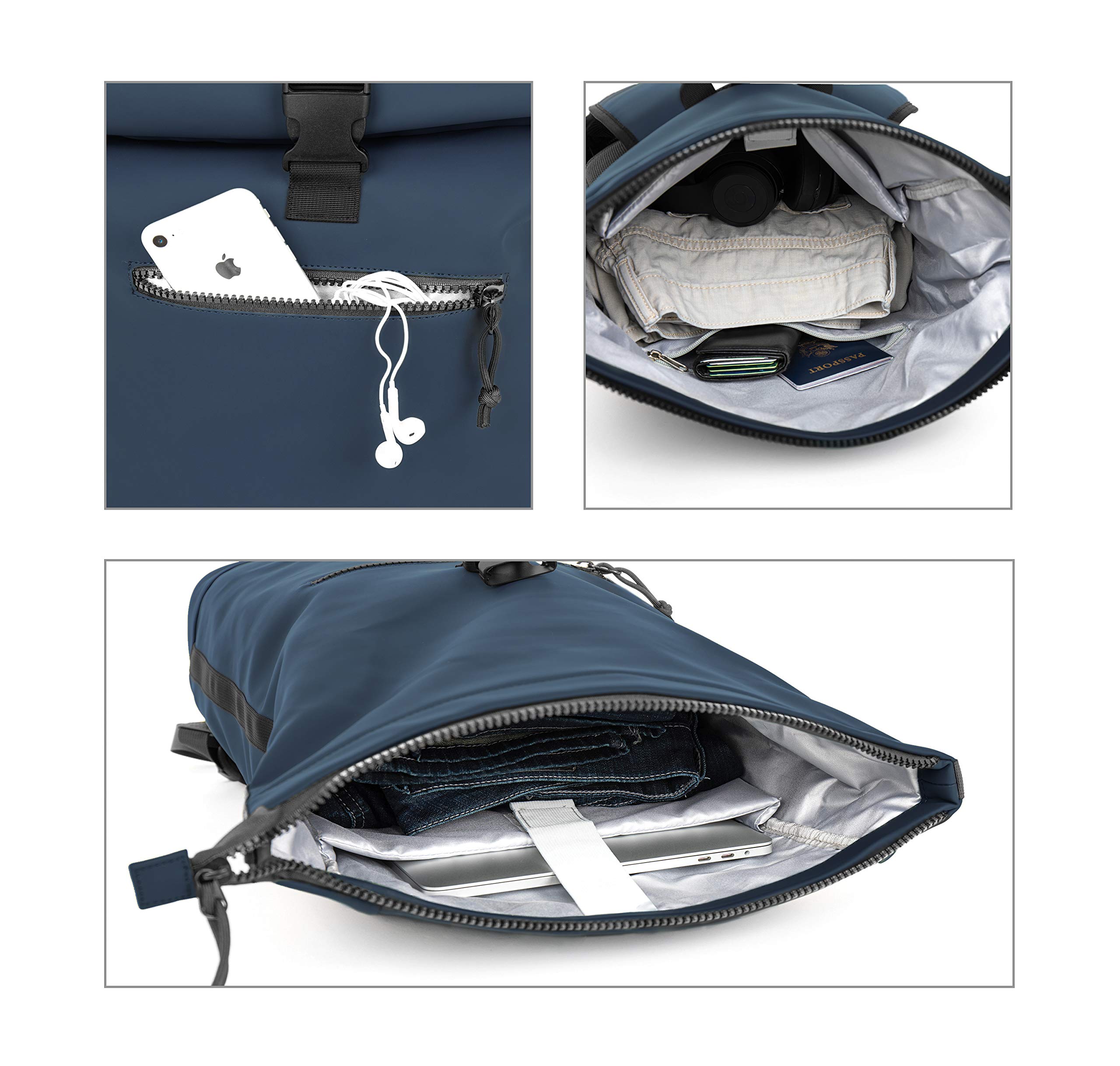 X RAY Roll Top Laptop Backpack for Men & Women - Waterproof PU Leather Expandable 22L Backpack with Adjustable Capacity, Fits 15.6 Inch Laptop (Navy) - Perfect for Work, Travel & College