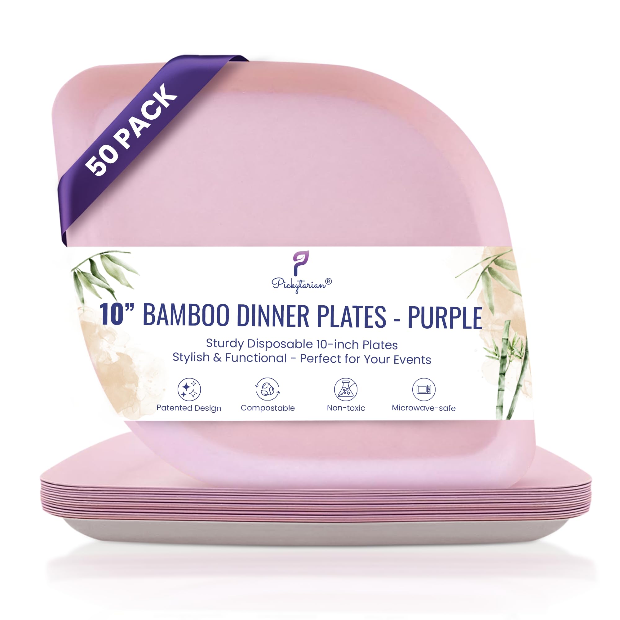 Eco-Friendly Purple Disposable Bamboo Plates - 50 Pack 10 Inch Large Compostable Dinner Plates for Weddings, Birthday Parties, Holiday Events - Sturdy & Sustainable Alternative to Paper & Plastic Plates - Perfect for Outdoor Picnics, BBQs, and Elegant Gatherings