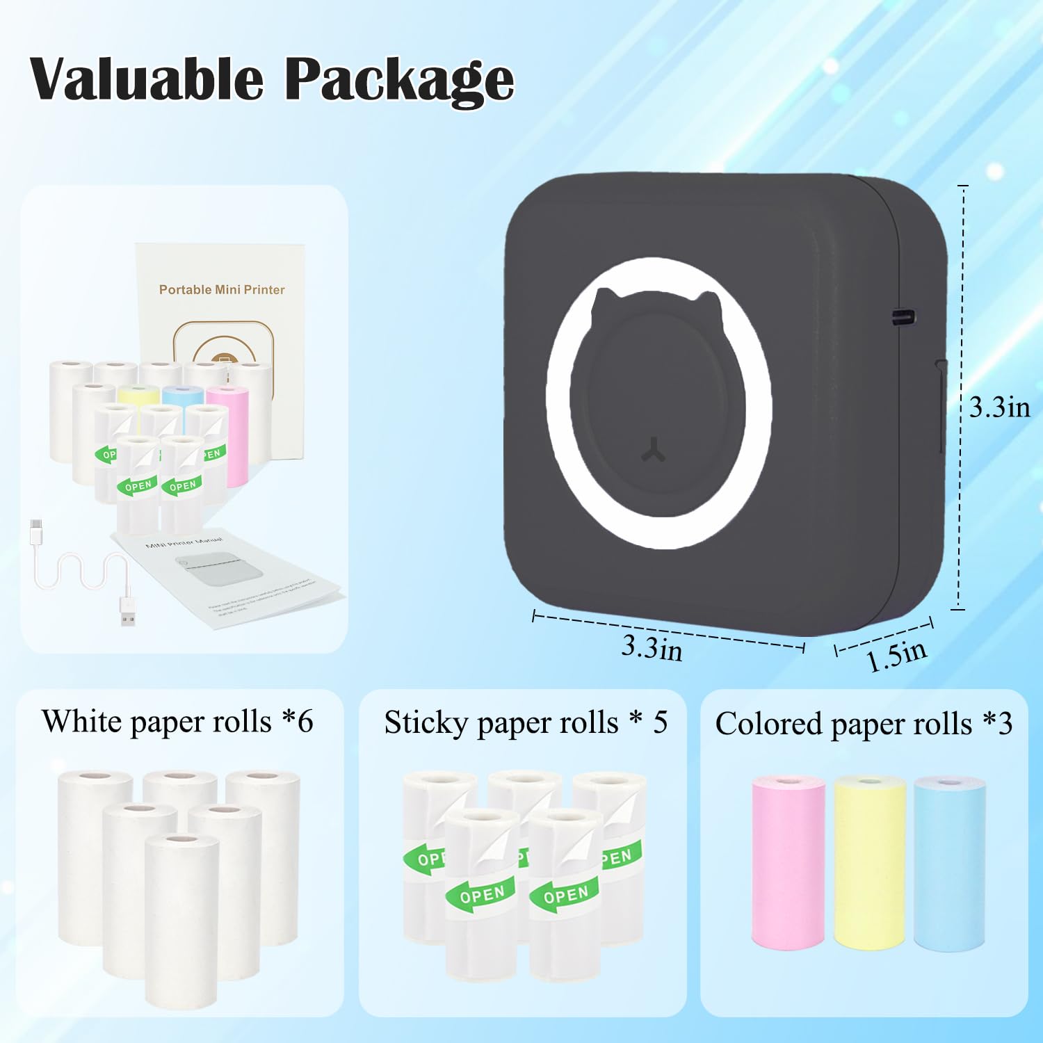 Mini Thermal Inkless Sticker Printer with 14 Rolls Paper - Wireless Portable Pocket Printer for iPhone, Android, Tablet - Print Photos, Stickers, Labels & Notes - Perfect for Home, Office, School & Travel (Black)