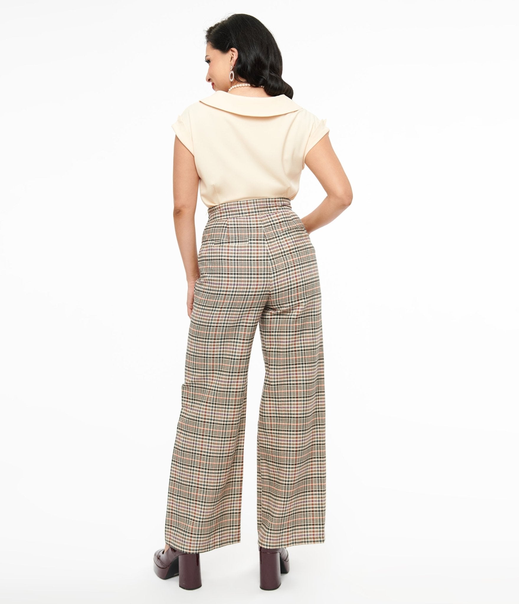 Vintage 1940s Beige Plaid High Waist Sailor Ginger Pants - Retro Women's Trousers for Cosplay, Theater Costumes & Vintage Fashion Outfits