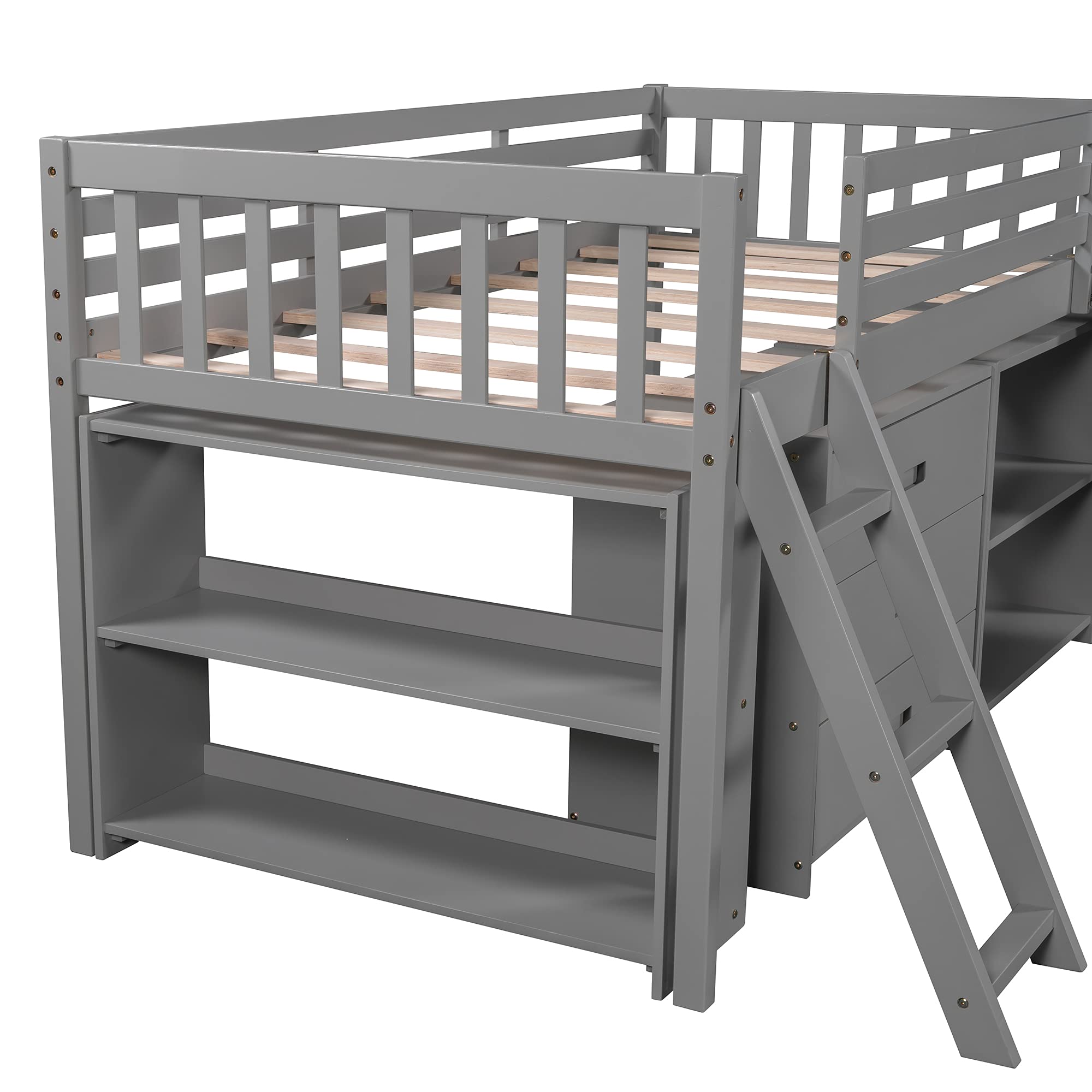 Solid Wood Low Loft Bed for Kids - Twin Size with Convertible Slide & Ladder, Wooden Loft Bed with Built-in Bookcase & 3-Tier Drawers, Space-Saving Design - Perfect for Small Bedrooms, Dorm Rooms & Kids' Play Areas