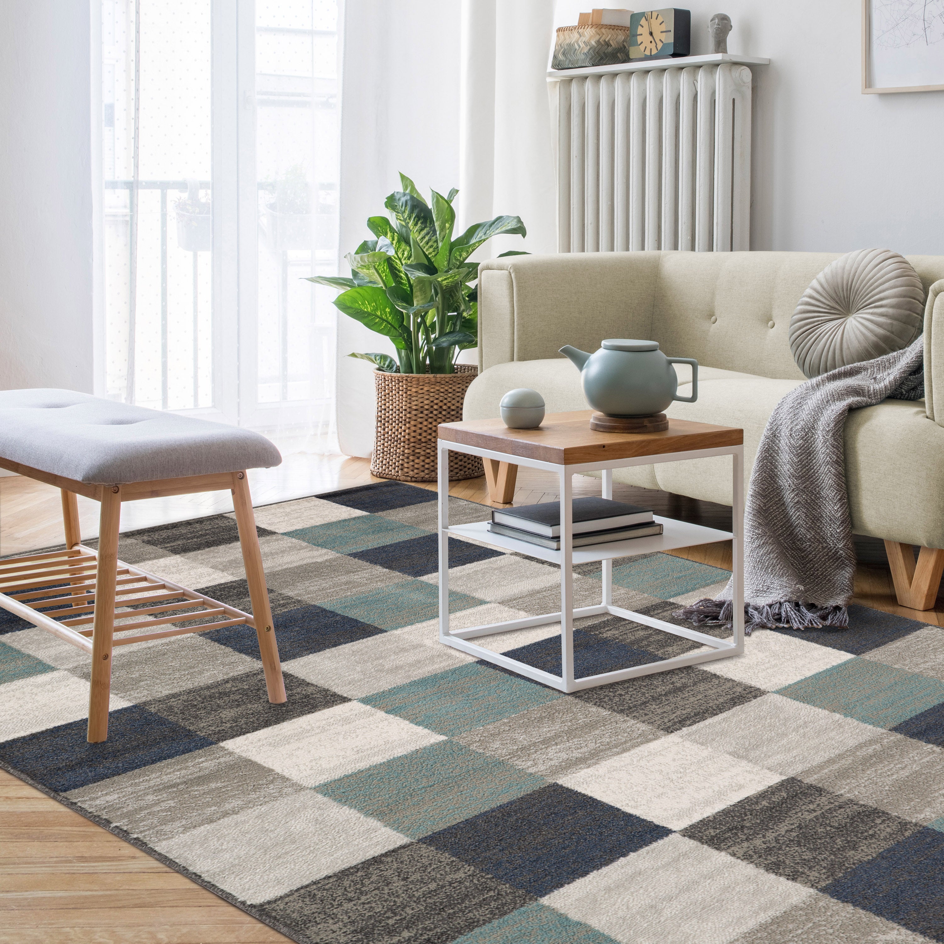 Stylish Rockway Geometric Checkered Block Indoor Area Rug - Non-Slip Floor Mat for Living Room, Bedroom, Nursery & Office Decor