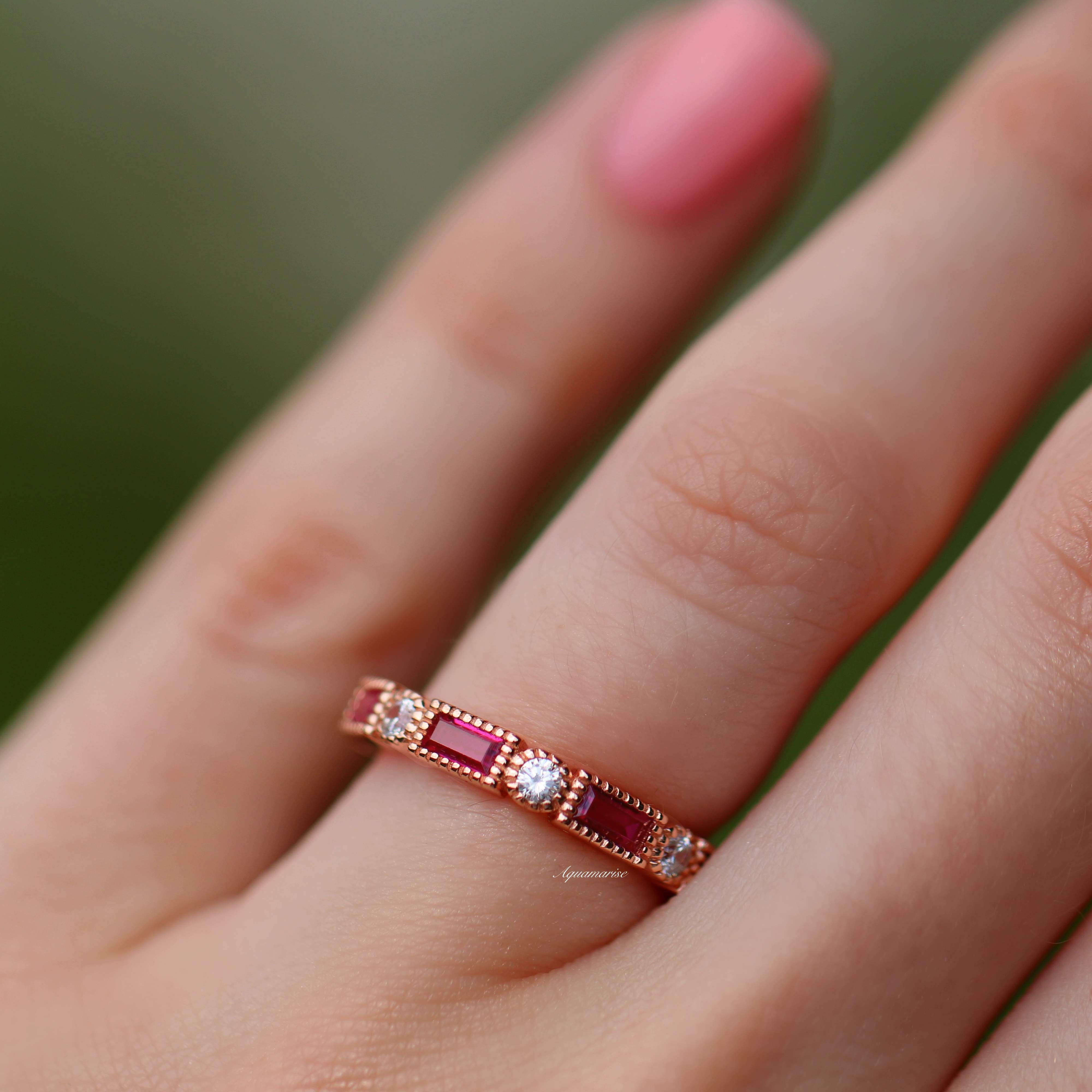 Ari Vintage Ruby Band 14K Rose Gold Vermeil Ring for Women - Elegant Stackable Jewelry for Weddings, Anniversaries & Special Occasions
