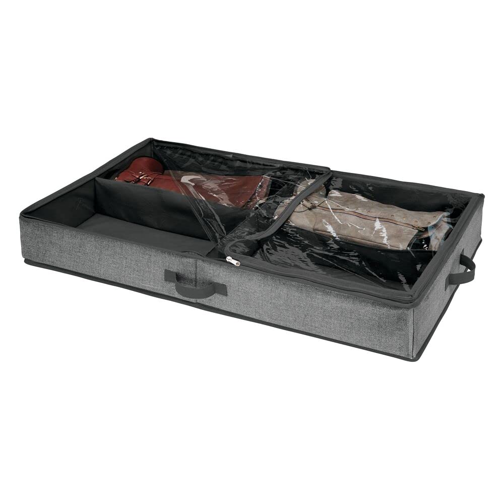 mDesign Soft Fabric Under Bed Storage Organizer - 4-Section Clothes, Accessories & Boots Storage Bag with Easy-View Top Panel & 2-Way Zipper - Charcoal/Black Chevron Pattern - Perfect for Seasonal Clothing, Shoes & Bedroom Organization