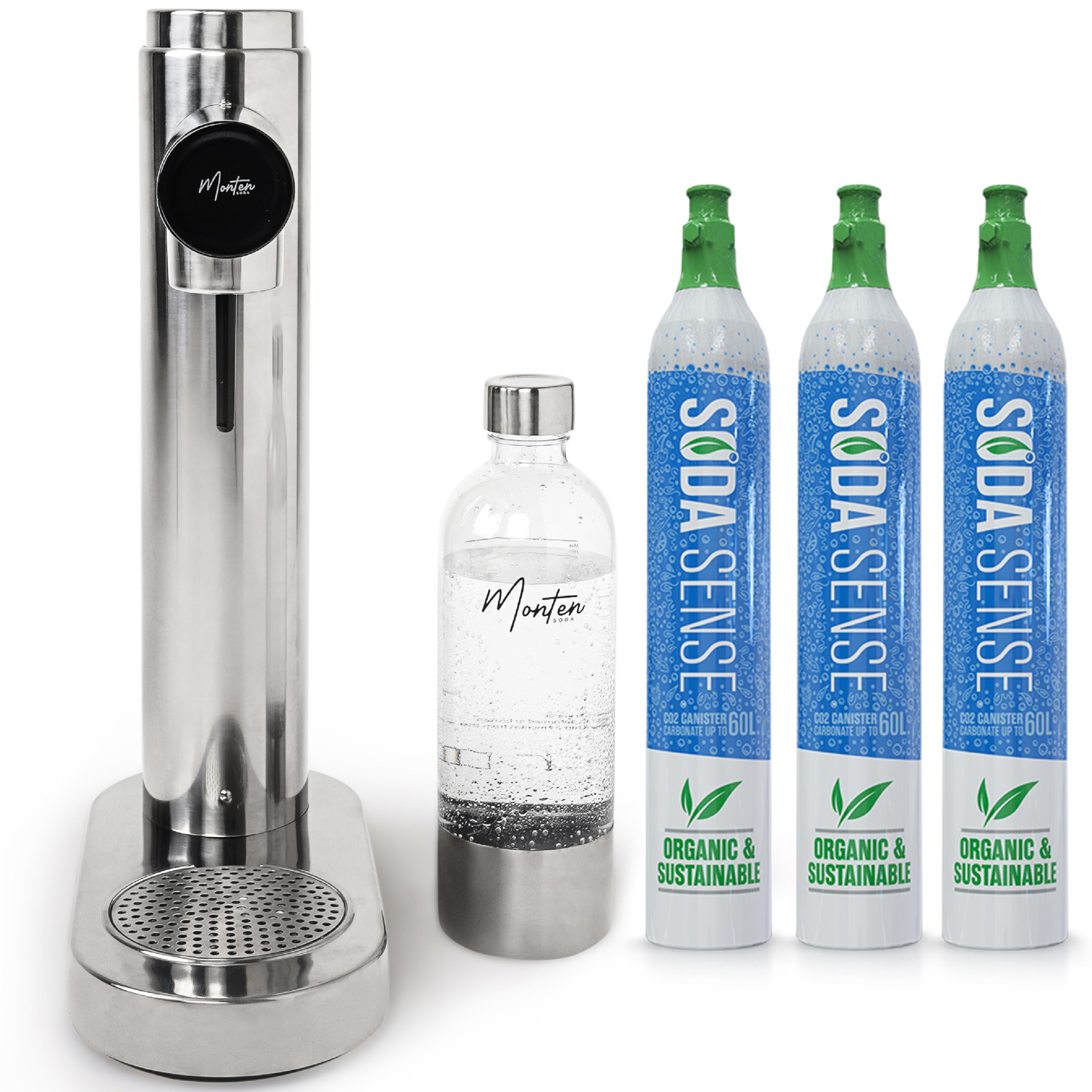 Premium Stainless Steel Sparkling Water Maker Machine - Includes 3 x 60L SodaSense CO2 Cylinders & 900ML Reusable PET Bottle - Eco-Friendly Home Carbonation System for Healthy Drinks - Perfect for Kitchen, Office, Parties & Gifts