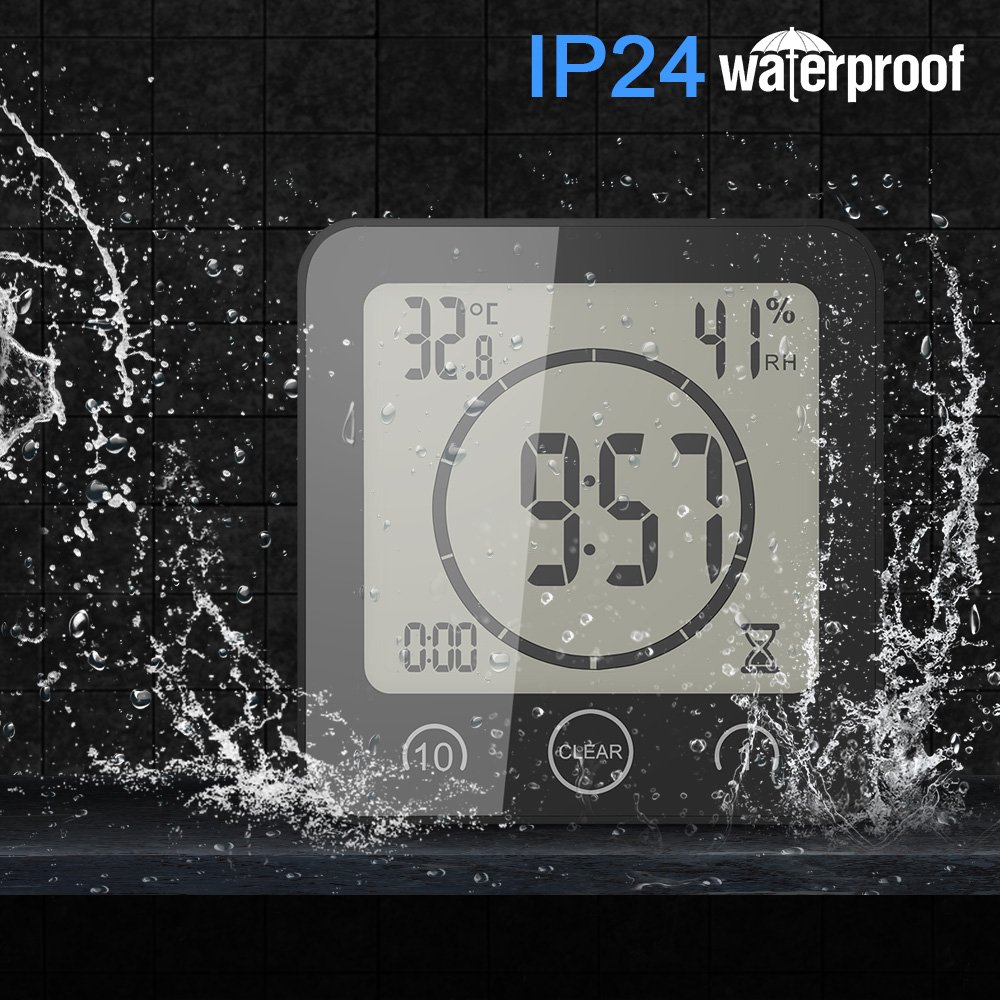 Waterproof Digital Shower Clock with Alarm - Touch Screen Kitchen Timer, Temperature & Humidity Display, Suction Cup & Hanging Hole (Black) - Perfect for Bathroom, Kitchen, Gym & Outdoor Use