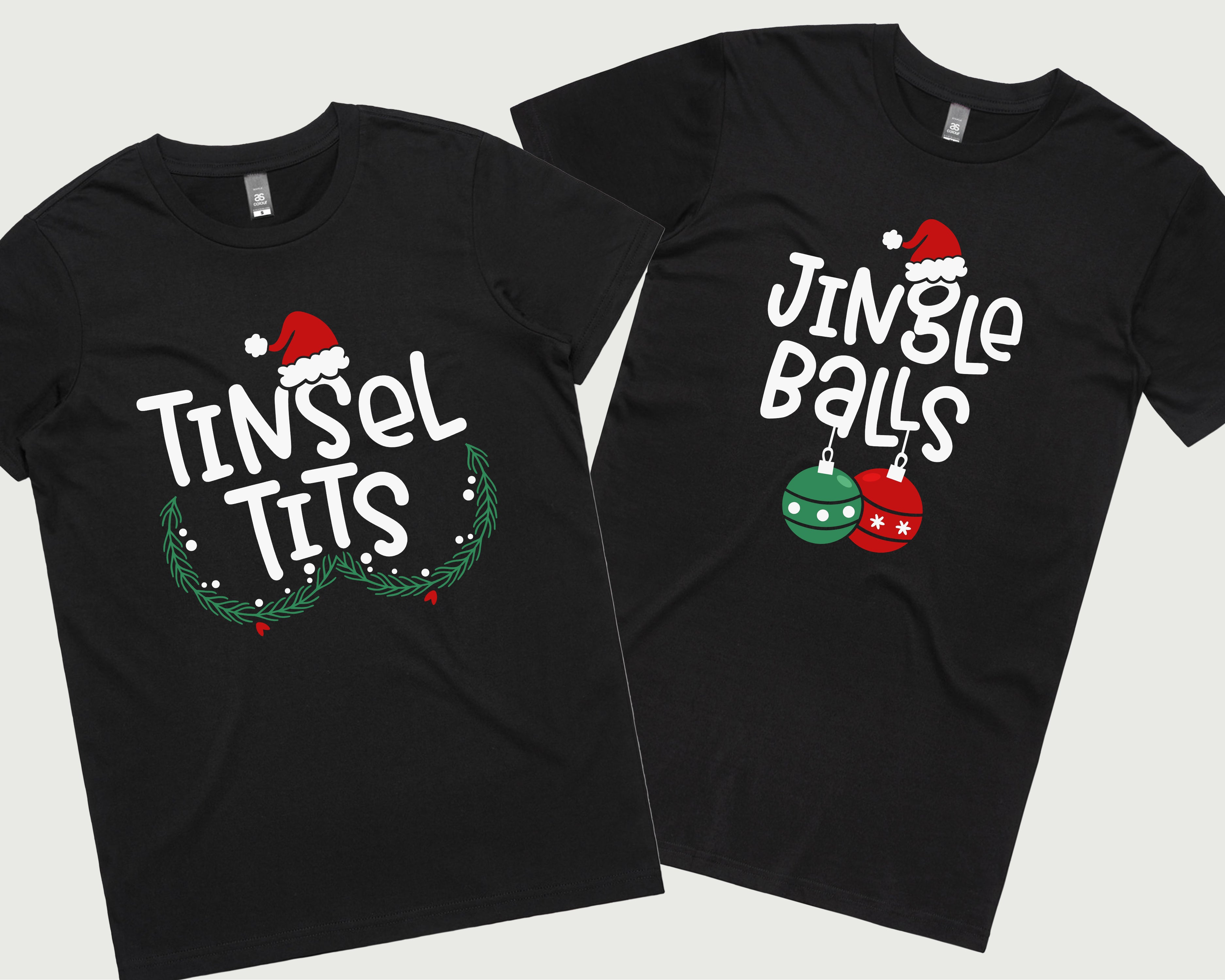 Festive Matching Christmas T-Shirt - Tinsel Tits & Jingle Balls Design | Multiple Colors Available | Perfect for Couples, Friends & Holiday Parties