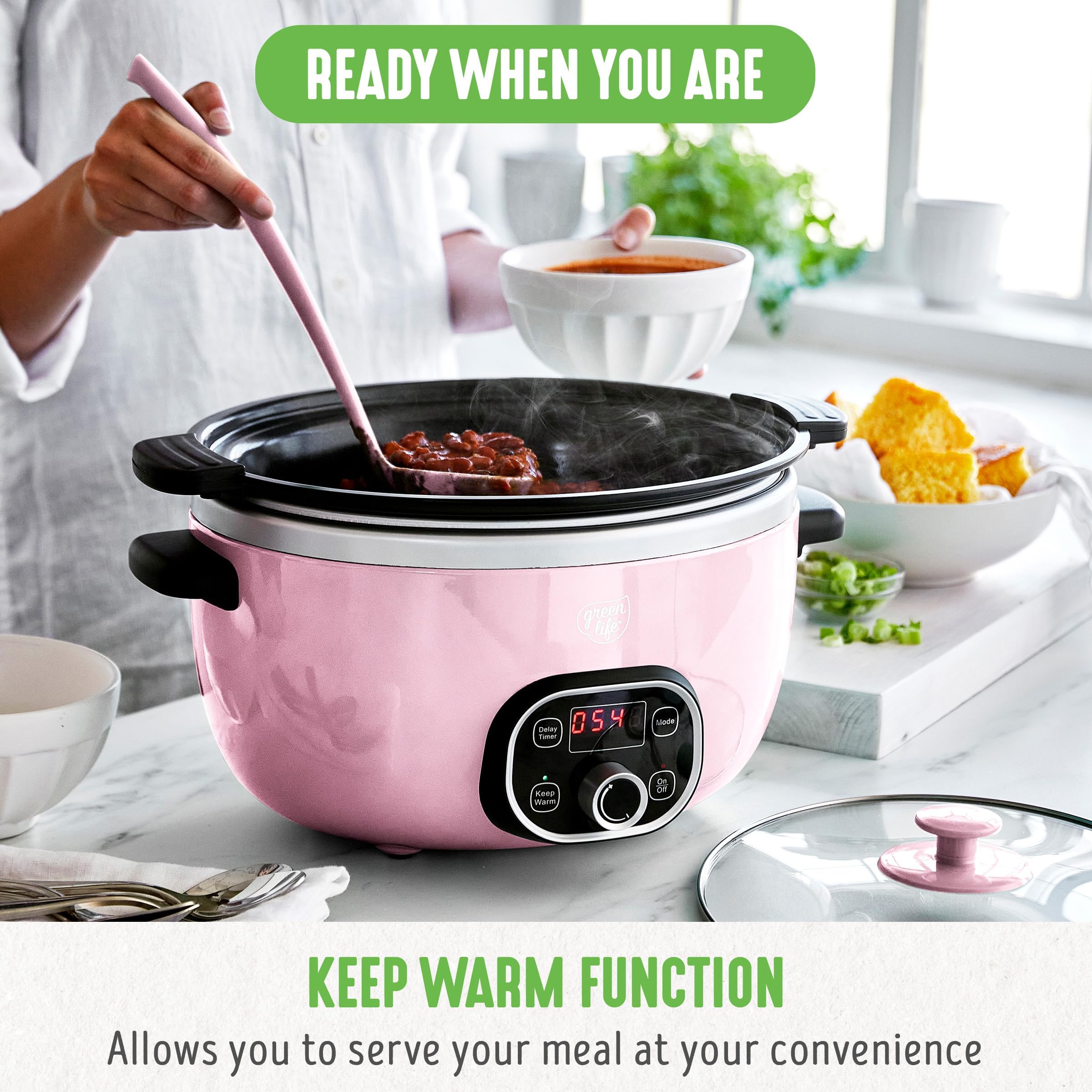 GreenLife 6 Quart Ceramic Slow Cooker | PFAS-Free Programmable Crock Pot with Removable Nonstick Pot & Digital Timer | Stovetop Safe, Dishwasher Safe Glass Lid | Perfect for Family Dinners, Meal Prep & Holiday Cooking (Pink)