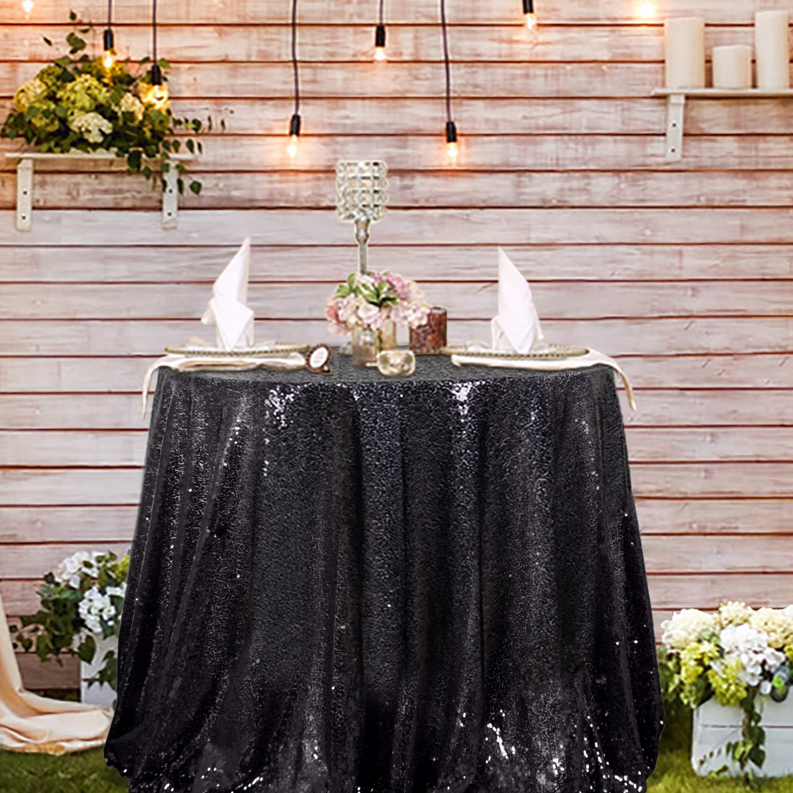 AMZLOKAE 72'' Round Black Sequin Tablecloth - Glitter Table Cover for Parties, Dining Room, Thanksgiving Decor - Perfect for Weddings, Banquets & Holiday Celebrations