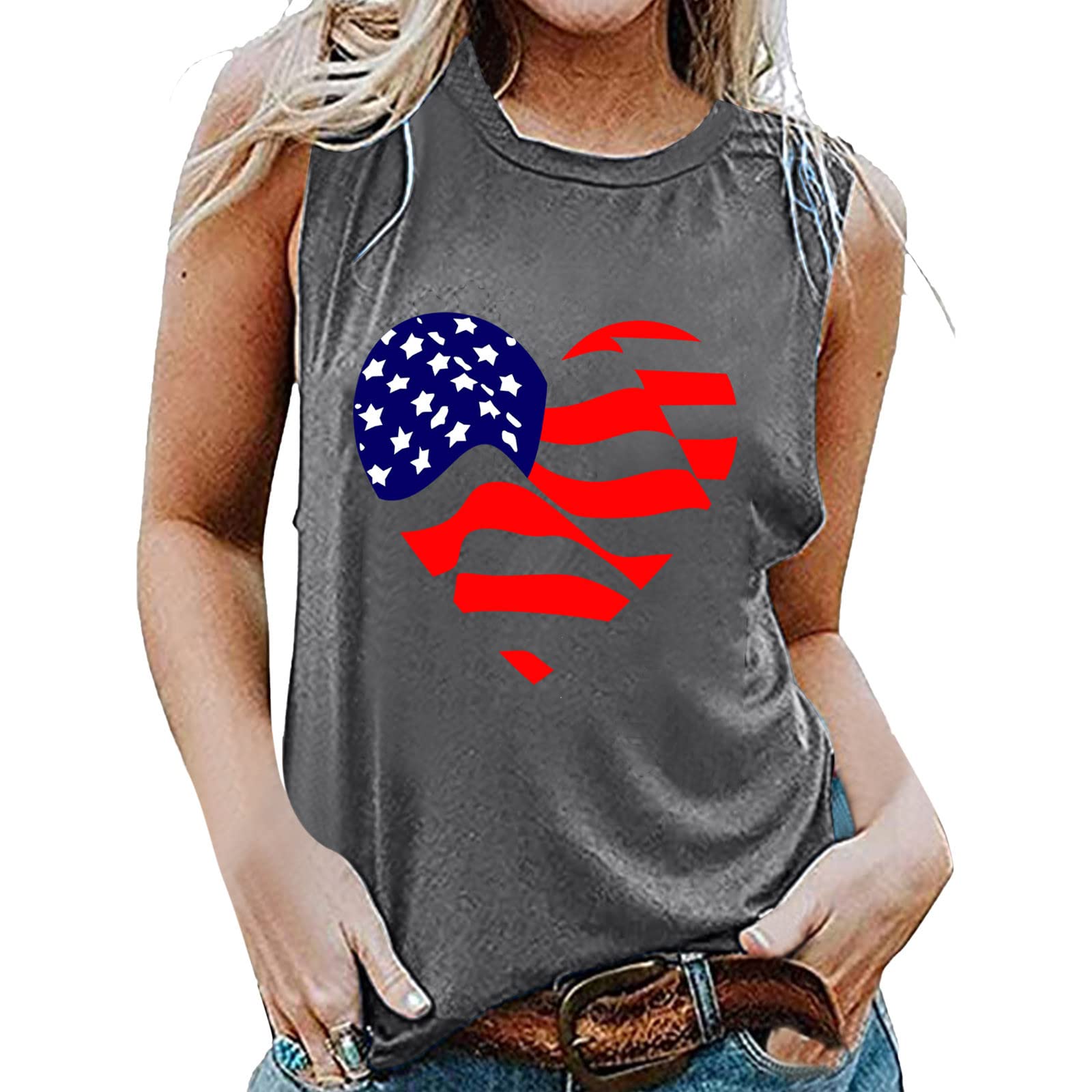 Women's Sleeveless Round Neck Printed Tank Tops - Casual Summer T-Shirts & Tunics for 4th of July Independence Day | Perfect for Beach Outings, BBQs, and Patriotic Celebrations