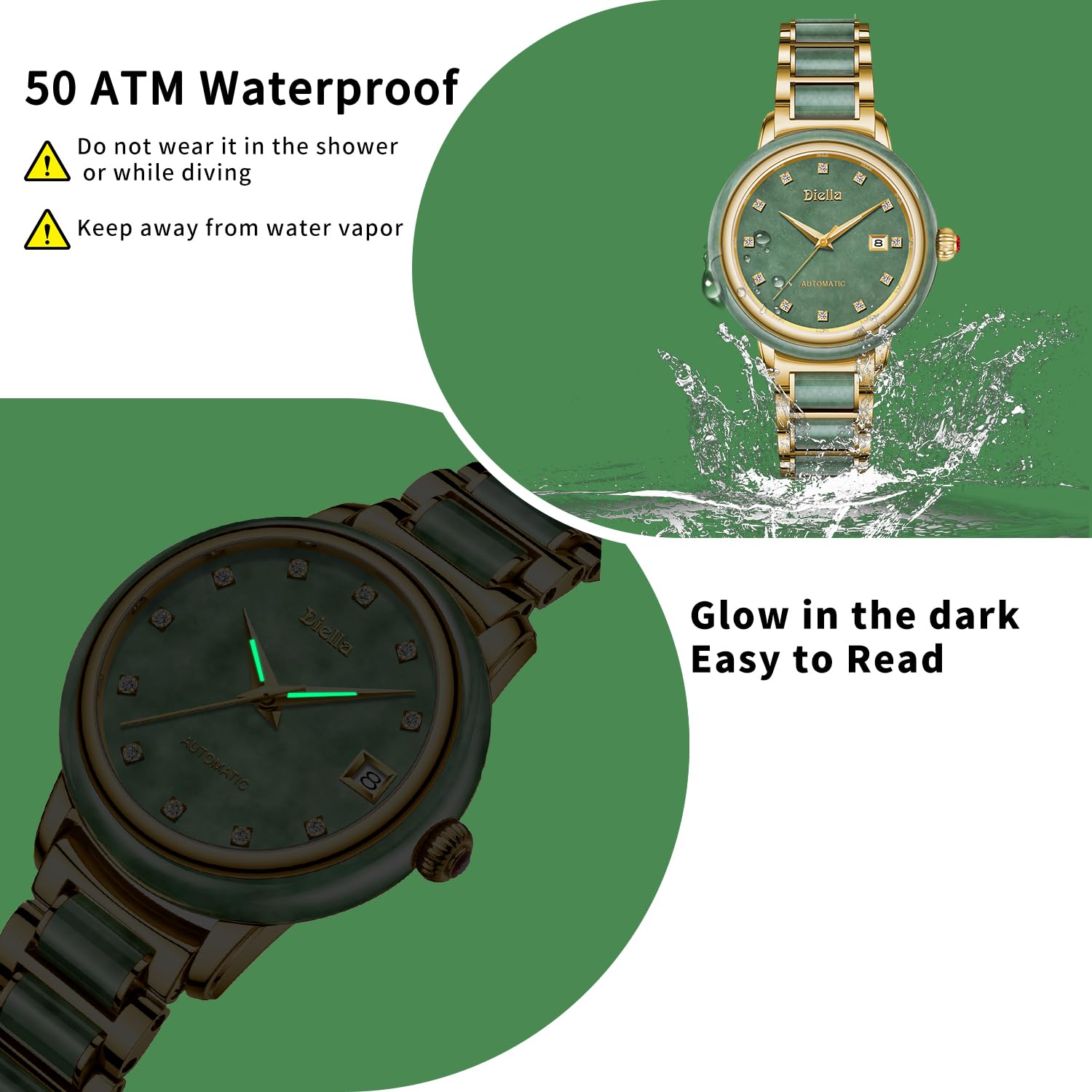 Diella Women's Luxury Automatic Mechanical Dress Watch - Gold & Green Jade Stainless Steel Watch for Ladies (Model AD6001L) | Perfect for Formal Events, Business Meetings & Special Occasions