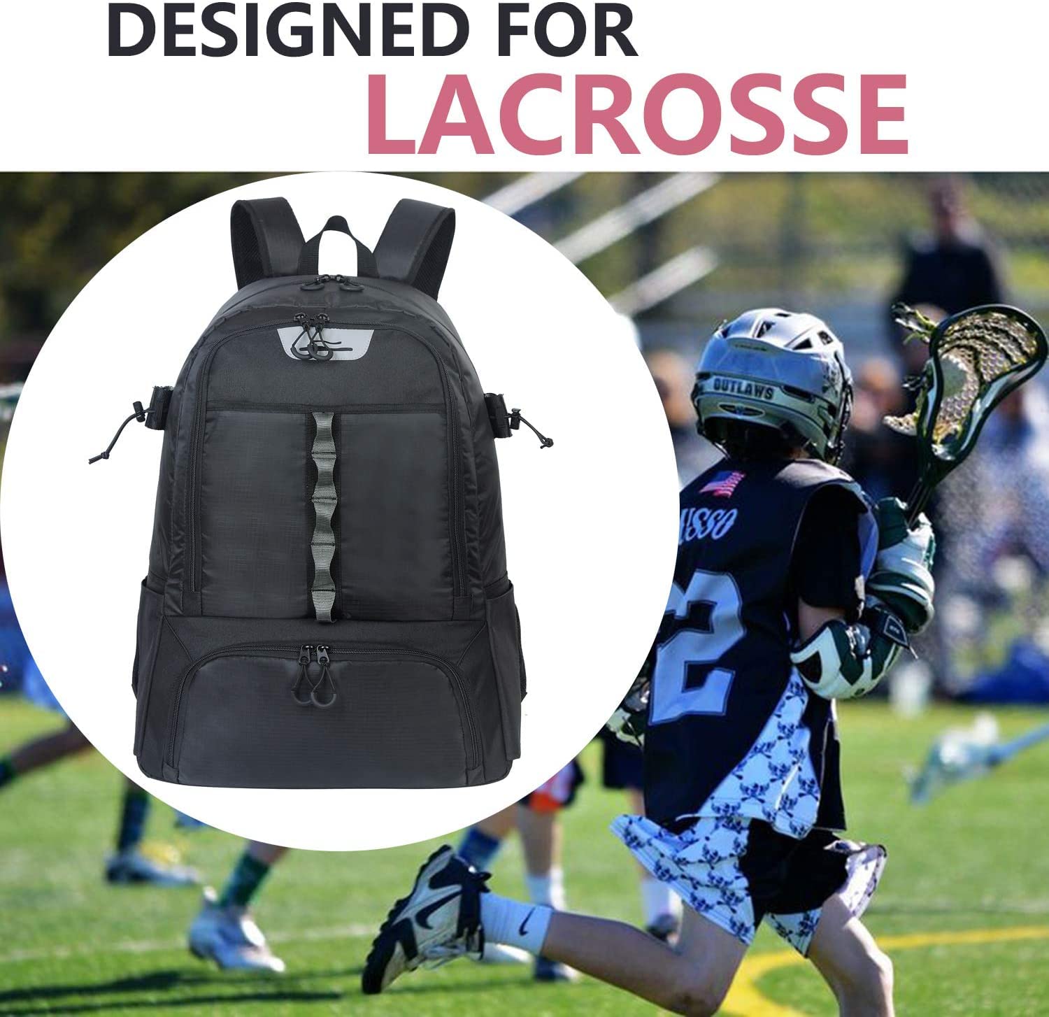 Extra Large Lacrosse Backpack - 20/23 Inch Lacrosse Equipment Bag with Stick Holders & Cleats Compartment for Field Hockey Gear | Perfect for Training, Games & Travel