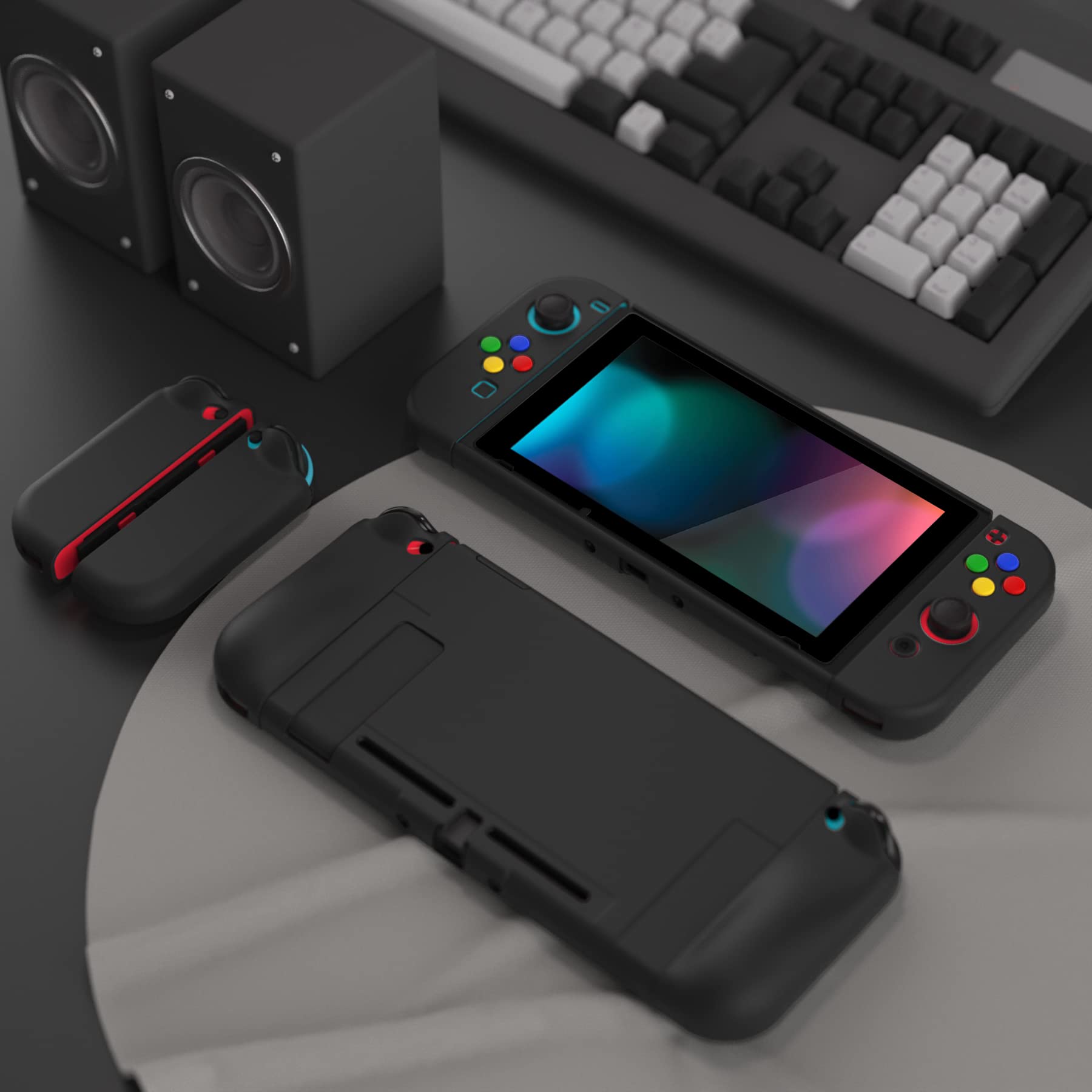 PlayVital Protective Case for Nintendo Switch with Screen Protector & AlterGrips Buttons - Black | Durable Cover for Travel, Gaming at Home, and On-the-Go Protection