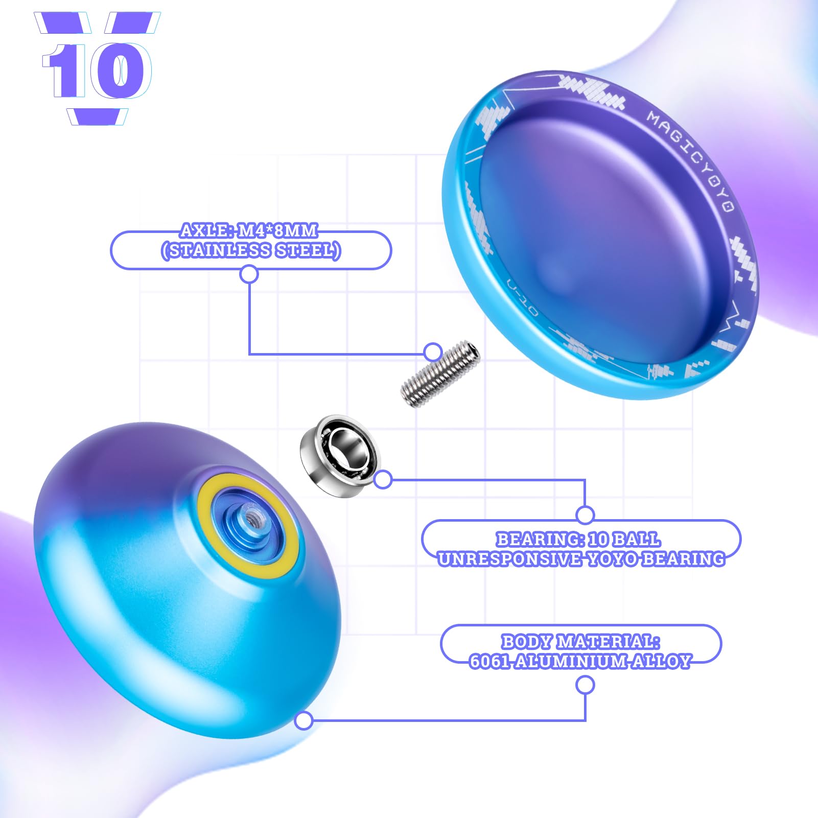 Shungru JoJo V10 Yo-Yo for Kids & Adults - Professional Aluminum Alloy Finger Spin Trick Yo-Yo with 12 Strings, Carrying Case & Glove - Perfect for Beginners, Competitions & Skill Practice