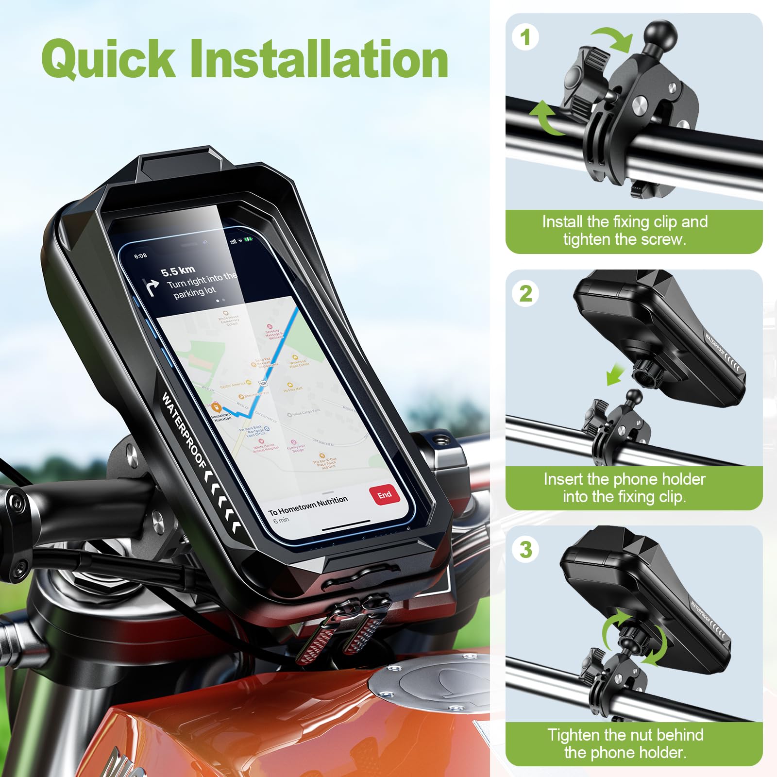 BTNEEU Universal Motorcycle Phone Mount - 360° Rotatable, Anti-Vibration, Waterproof Smartphone Holder for Bikes with Touch Screen Access (Fits Phones up to 7 Inches, Black) - Perfect for GPS Navigation, Commuting & Adventure Riding