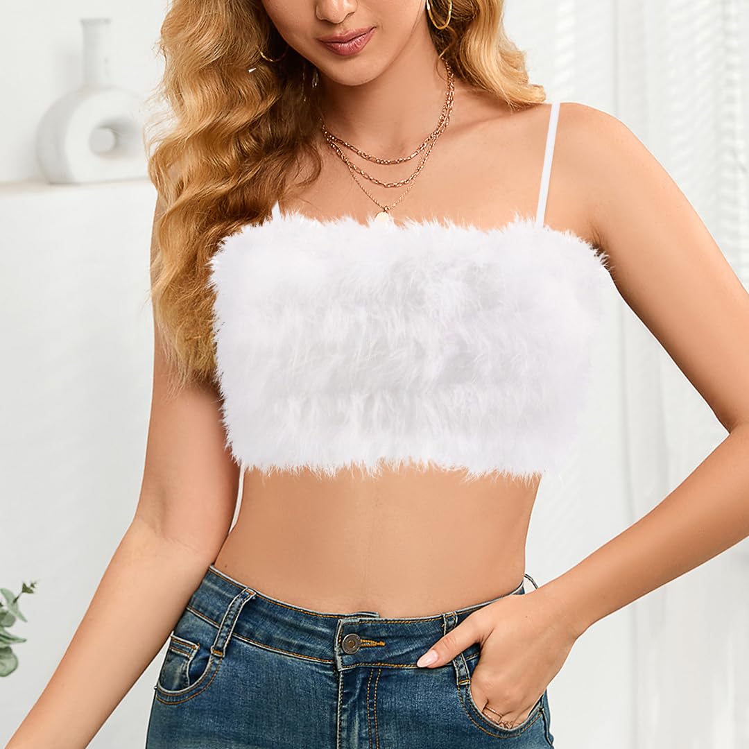 Vimoisa Women's Faux Fur Tank Top - Sexy Spaghetti Strap Crop Cami, Tight Sleeveless Tube Top Vest for Party, Club, Date Night & Winter Fashion