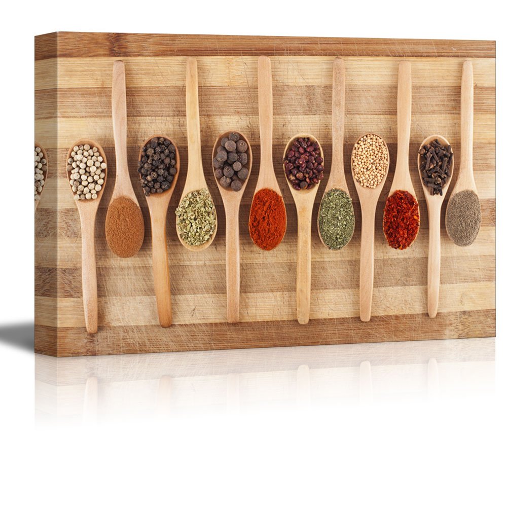 Premium Canvas Wall Art - Spice Collection on Wooden Spoons & Cutting Board | Modern Home Decor, Stretched Gallery Wrap or Framed Print | Ready to Hang 32x48 inches | Perfect for Kitchen Decor, Dining Room Art & Farmhouse Style Interiors