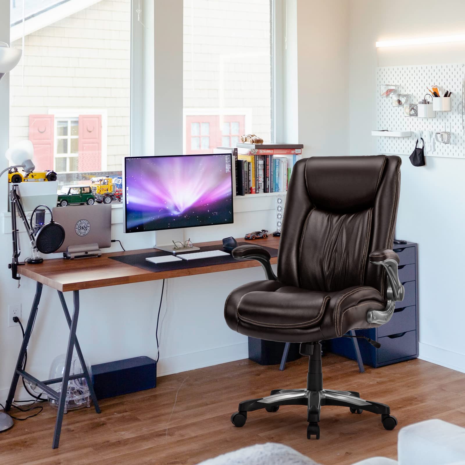 COLAMY Big and Tall Office Chair 400lbs - Heavy Duty High Back Executive Desk Chair with Flip-Up Arms & Wide Seat - Ergonomic Computer Chair for Home Office (Brown) - Perfect for Long Work Hours & Large Individuals
