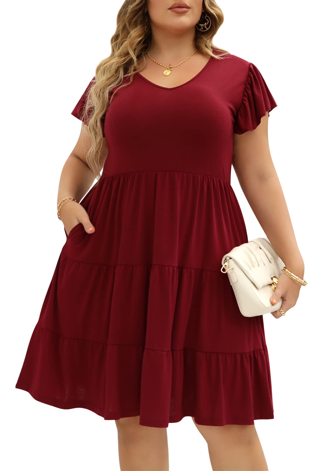 **Celkuser Plus Size Casual Summer Dresses for Women – Elastic Waist Tiered A-Line Ruffle Hem Dress with Pockets – Perfect for Beach, Vacation & Everyday Wear**