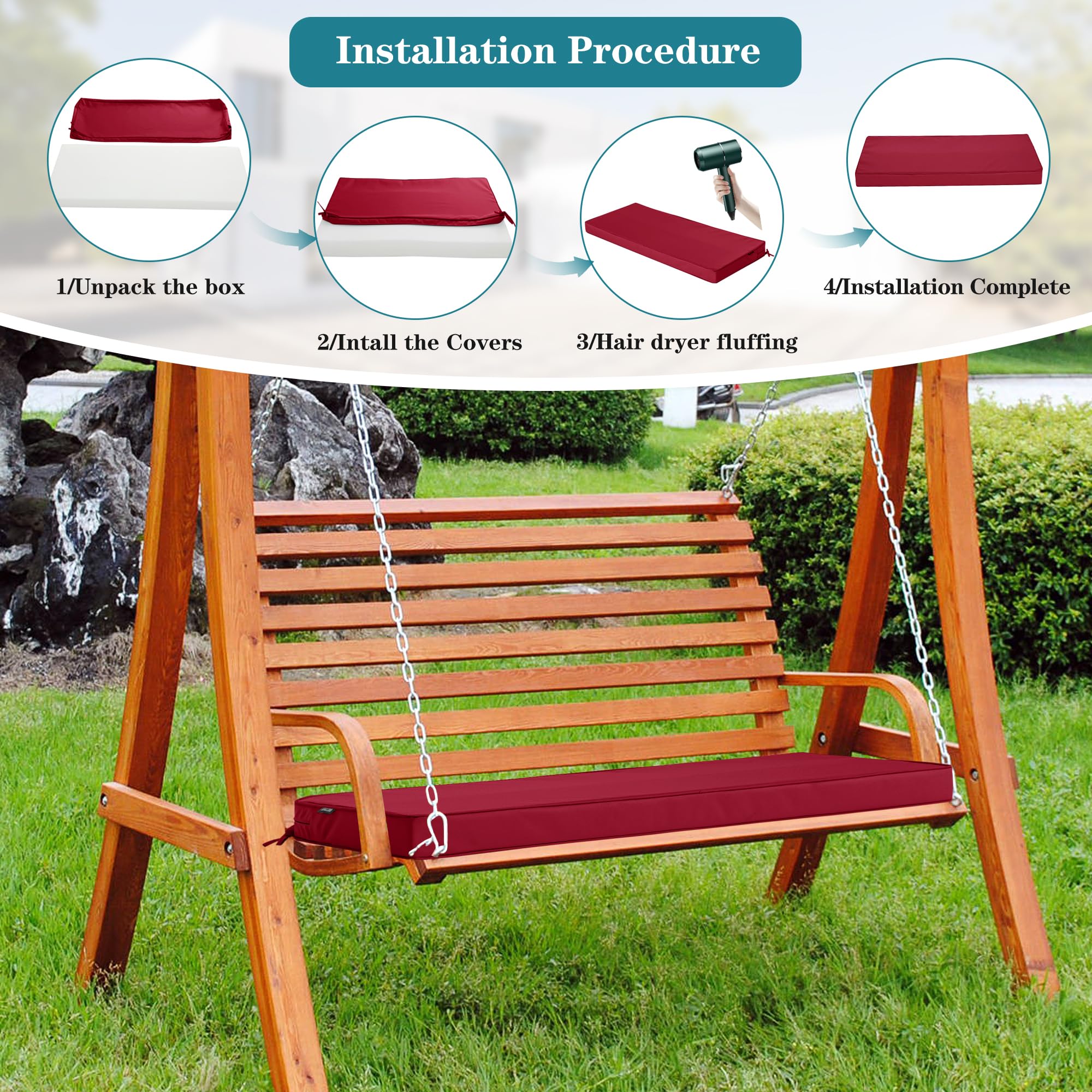 45 x 18 Inch Waterproof Outdoor Bench Cushions - Thick Patio Swing Cushion with Ties, Durable 5-Year Color Fastness (Burgundy) - Perfect for Porch, Garden & Backyard Furniture