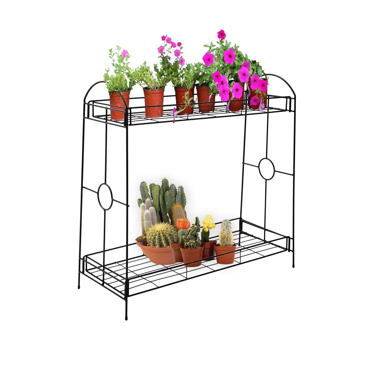 2-Tier Metal Flower Stand with Tray - Indoor/Outdoor Plant Holder Rack for Garden, Patio, Balcony & Home Decor - Perfect for Potted Plants, Herbs & Succulents