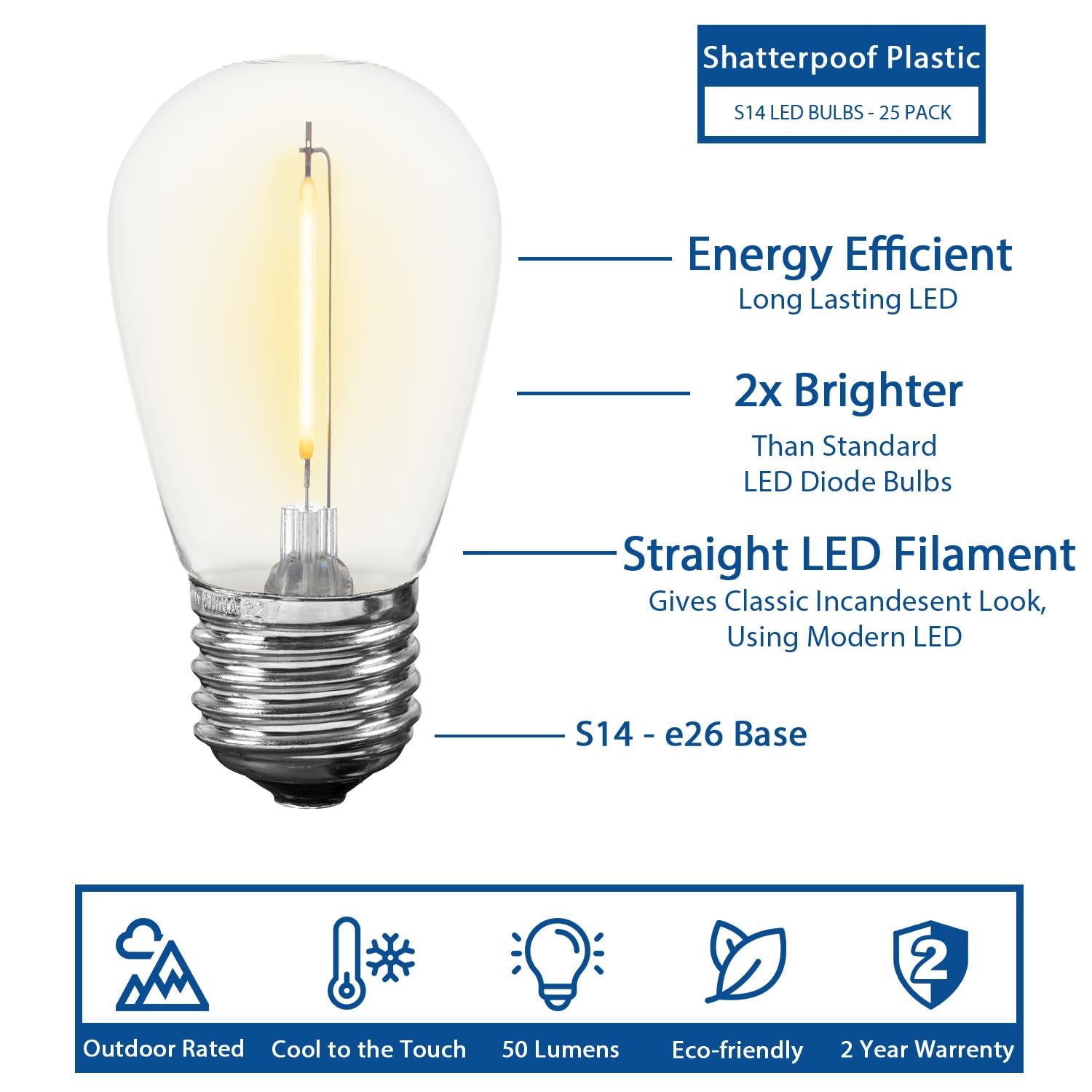 48 Ft Warm White LED Outdoor String Lights (2200K) - 24 Shatterproof S14 Edison Bulbs, Commercial Grade, Weatherproof - Perfect for Backyard, Patio, Garden, Wedding & Party Decorations
