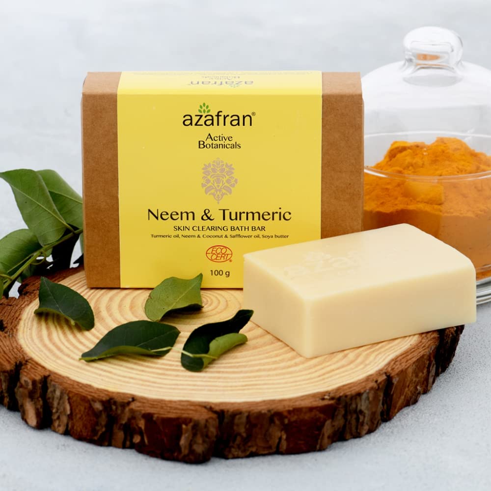 Organic Neem & Turmeric Soap Bar for Acne & Clear Skin - Handmade Deep Cleansing Face & Body Soap with Safflower, Soy Butter & Coconut Oil - All Skin Types - 100g (Pack of 3) - Perfect for Daily Skincare Routine & Sensitive Skin Care