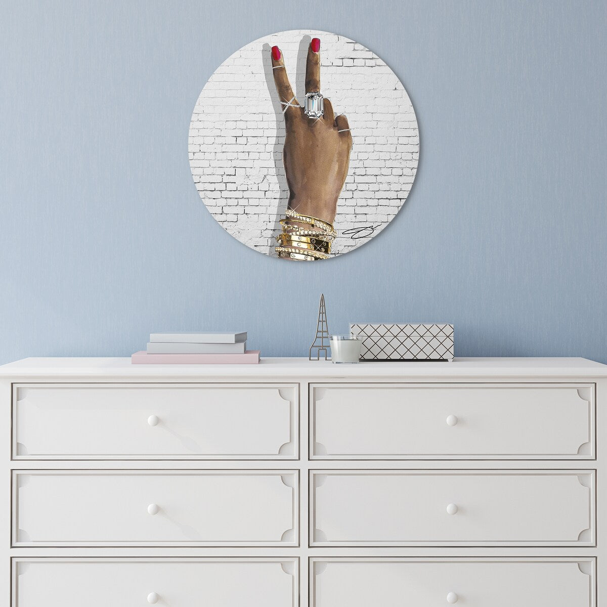 BEE U T F L Frameless Free Floating Tempered Glass Round Wall Art - 24x24 Inch Modern Home Decor for Living Room, Bedroom & Office - Hand Gesture Graphic Design for Contemporary Interior Spaces