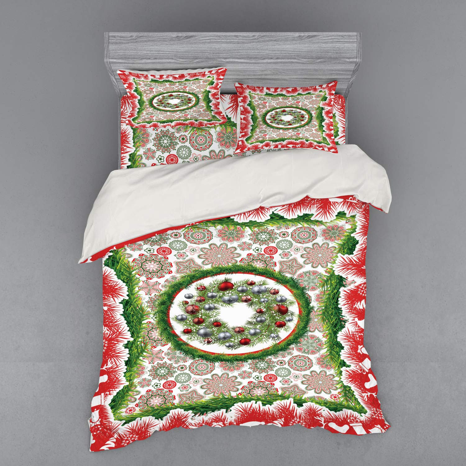 Ambesonne Christmas Bedding Set 4-Piece - Fir Tree Wreath with Baubles, Flowers & Bells Print Duvet Cover, Shams & Fitted Sheet - California King Size Holiday Decor - Perfect for Festive Bedroom Decorations & Christmas Gift Giving