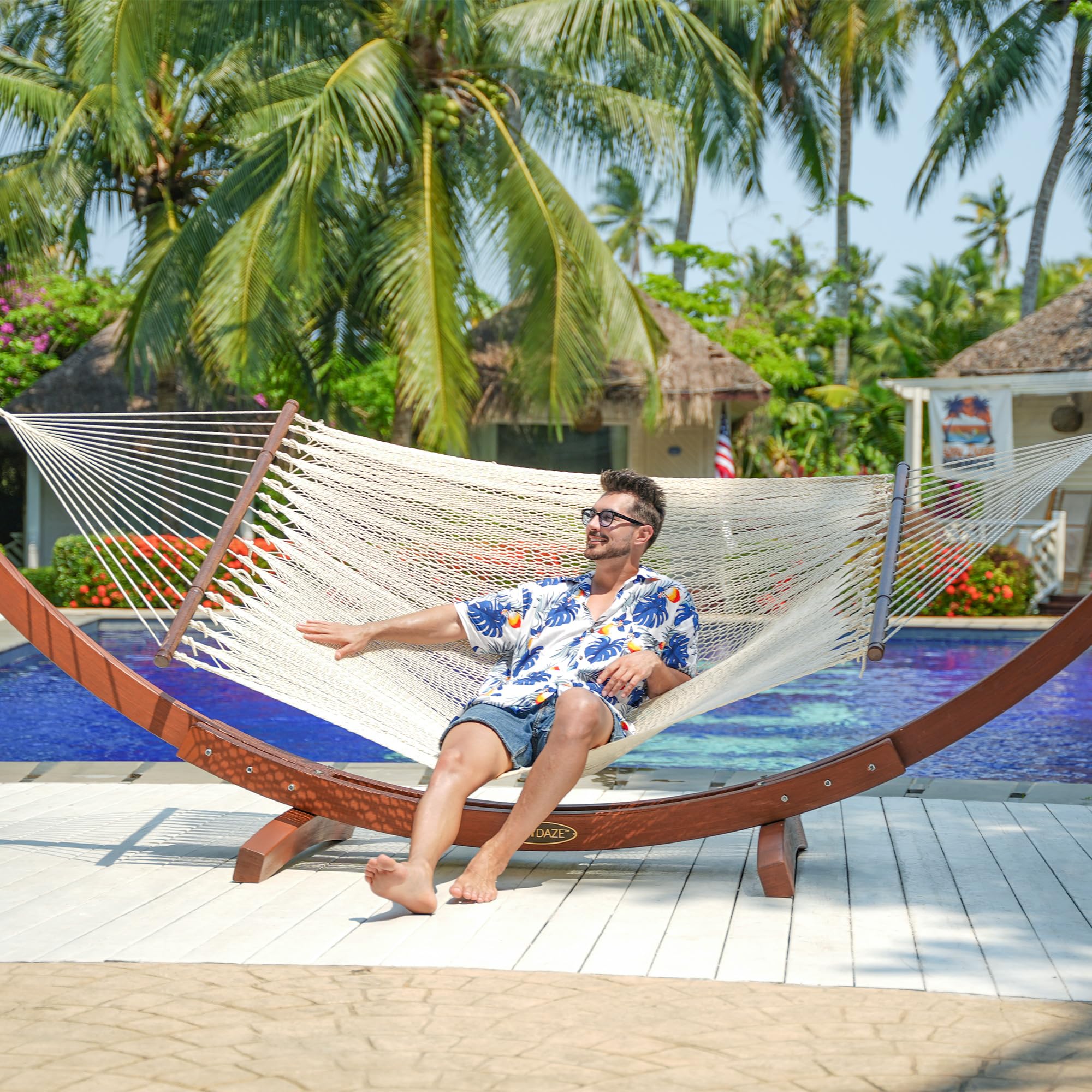10.5 FT Double 2 Person Caribbean Rope Hammock - Hand Woven Polyester Outdoor Hammock with Spreader Bars - Heavy Duty 450 LBS Capacity - Cream Color - Perfect for Backyard, Patio, Poolside & Beach Relaxation