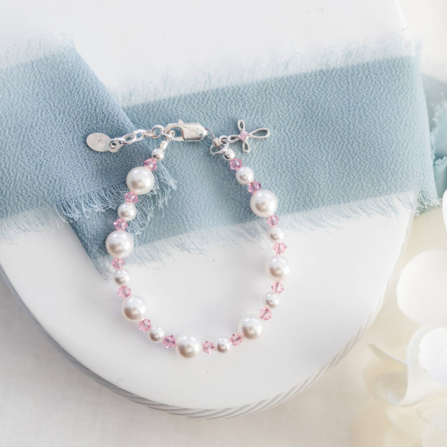 Sterling Silver Pink Pearl Cross Bracelet for Girls - Elegant Religious Jewelry Gift for Teens & Women - Perfect for Baptism, First Communion & Everyday Wear