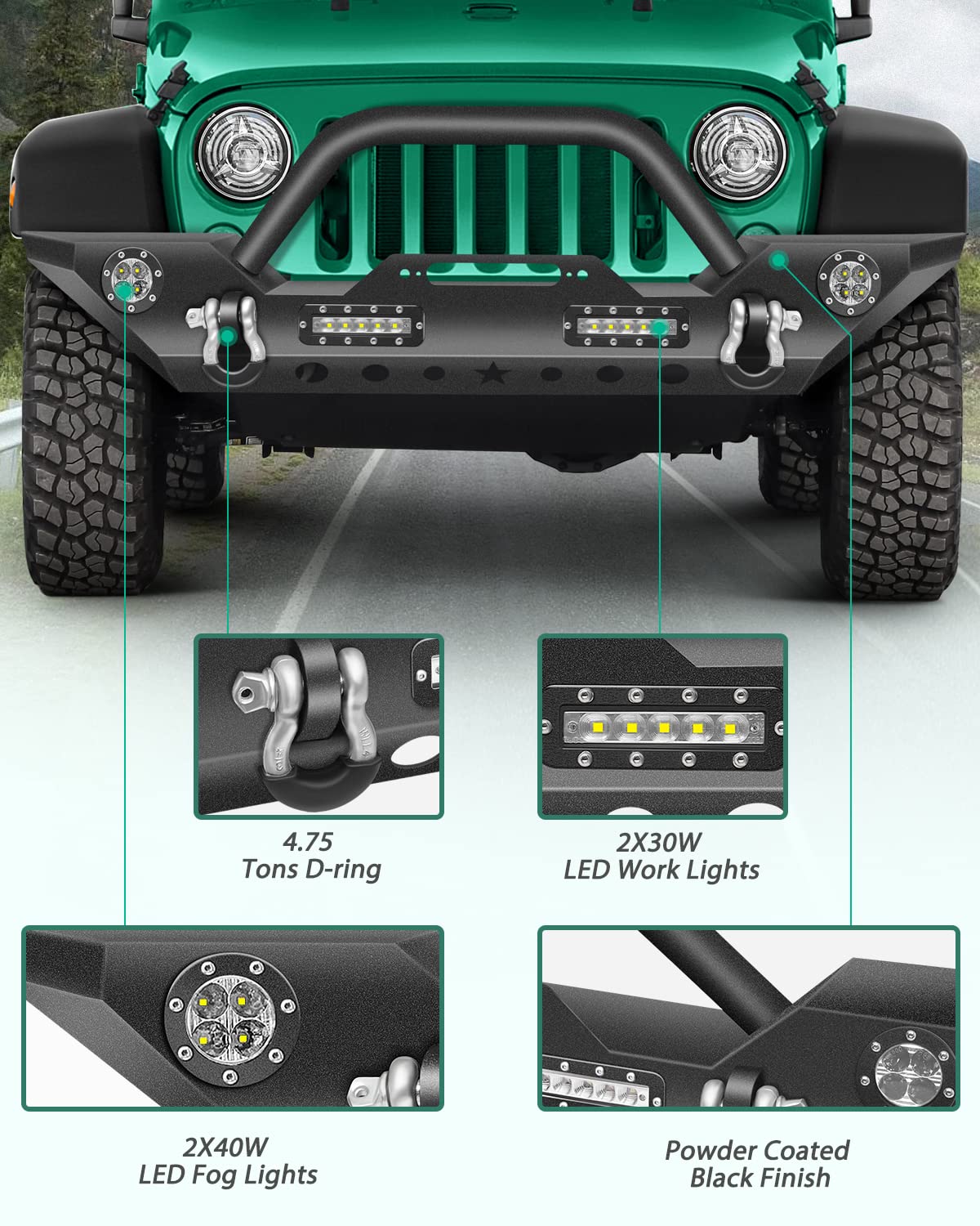 SCITOO Textured Black Front Bumper with D-Rings & Winch Plate for 2007-2018 Jeep Wrangler JK | LED Light Compatible | Off-Road Protection & Style Upgrade