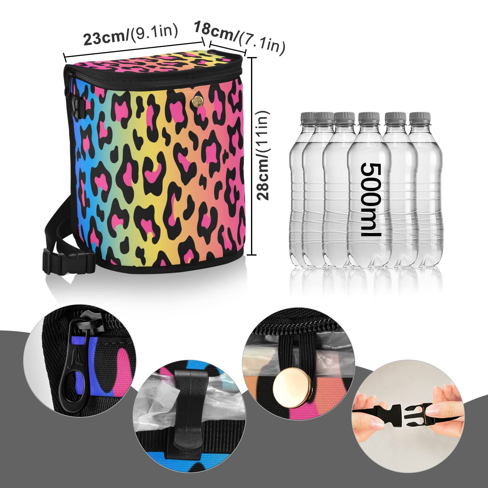 Leak Proof Car Trash Can with Aluminum Liner - Waterproof Hanging Car Garbage Bin, Multi-Purpose Vehicle Organizer Storage Bag for Waste Disposal - Perfect for Road Trips, Commuting & Family Travel (Rainbow Leopard Pattern)