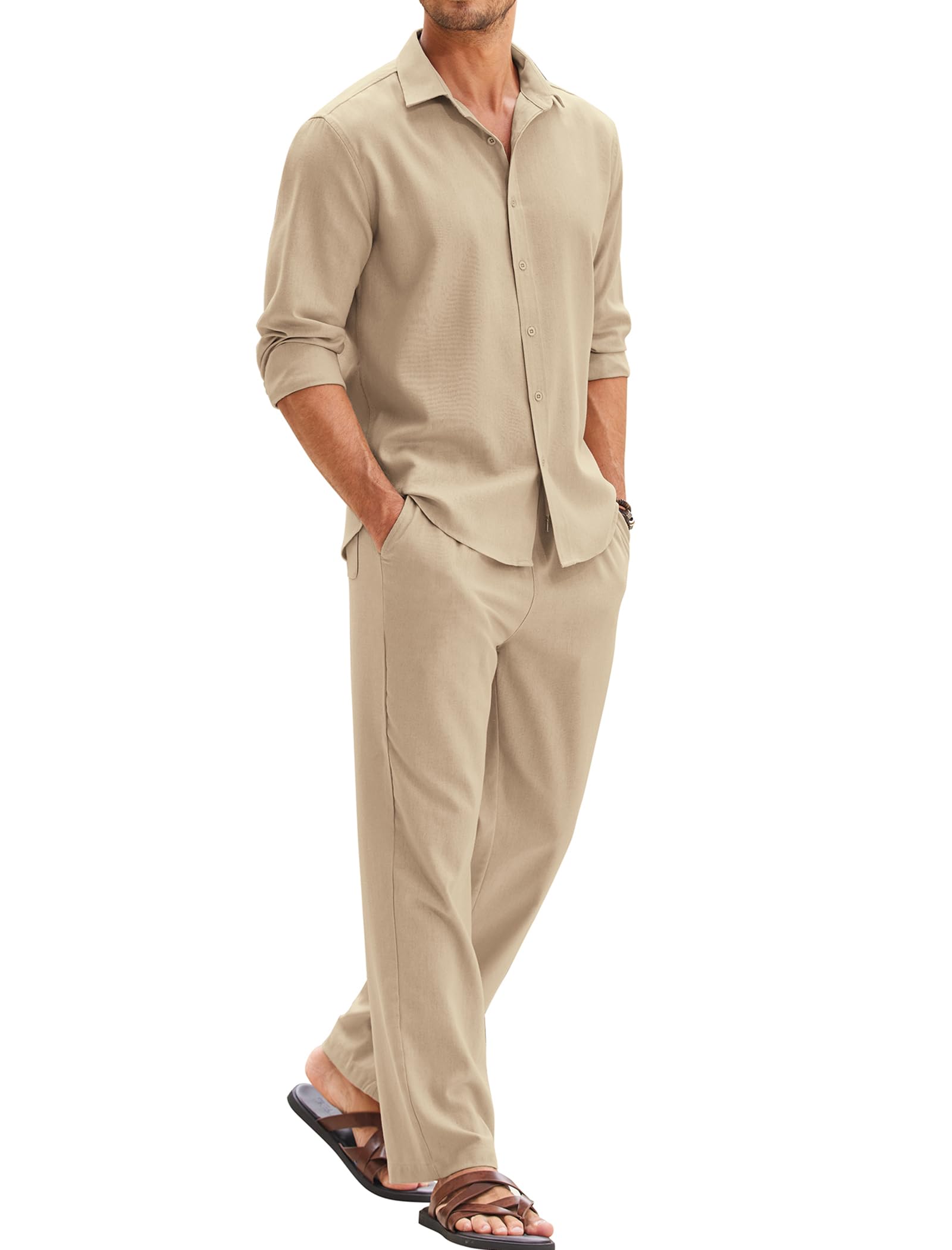 COOFANDY Men's 2-Piece Linen Summer Outfit - Breathable Long Sleeve Casual Set for Beach Vacation & Holiday Wear | Perfect for Tropical Getaways, Summer Parties and Relaxing Weekends