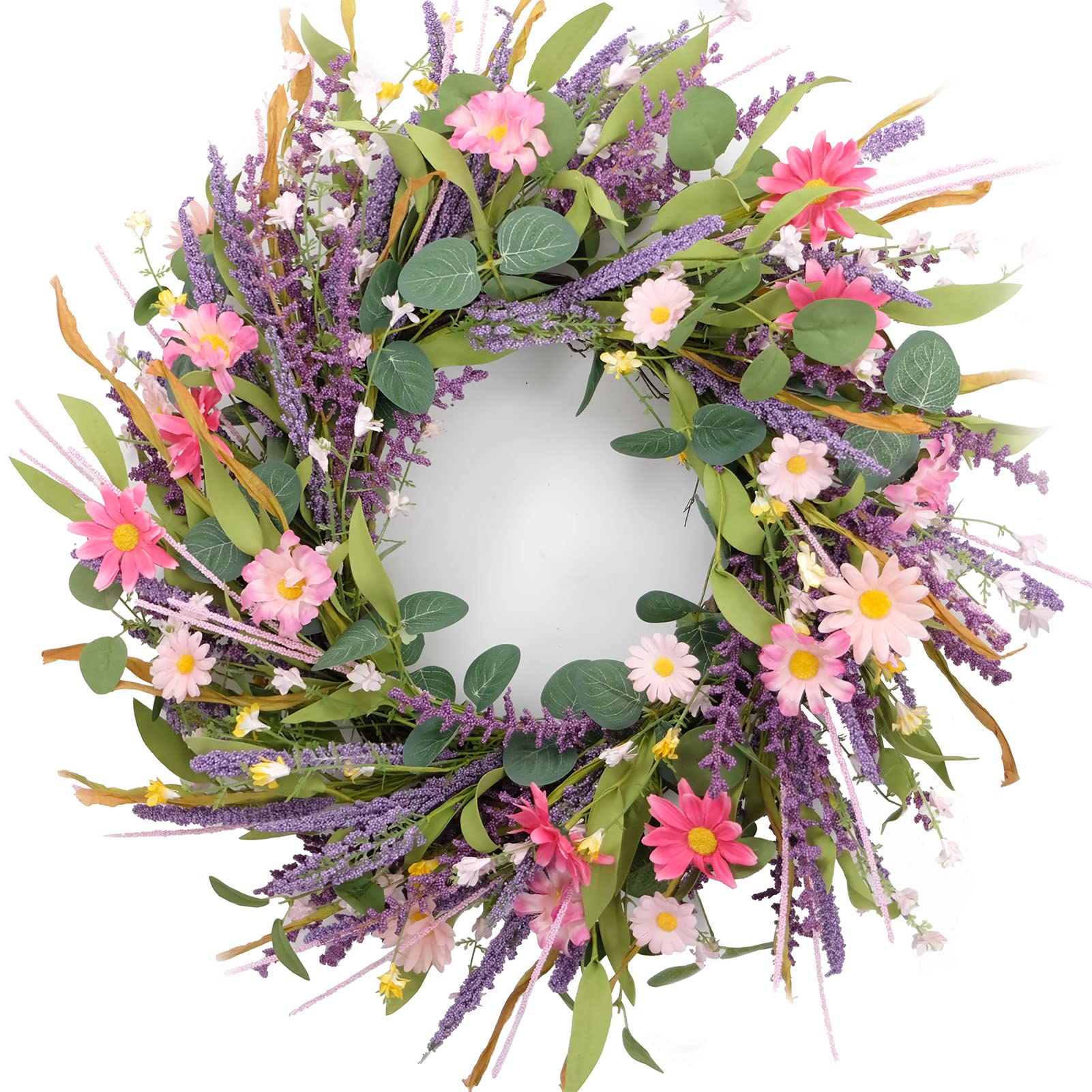 22 Inch Artificial Lavender Wreath with Colorful Flowers & Green Leaves - Spring Summer Floral Door Hanging for Front Door, Home Wall, Wedding, Party Decor (Indoor/Outdoor Use)